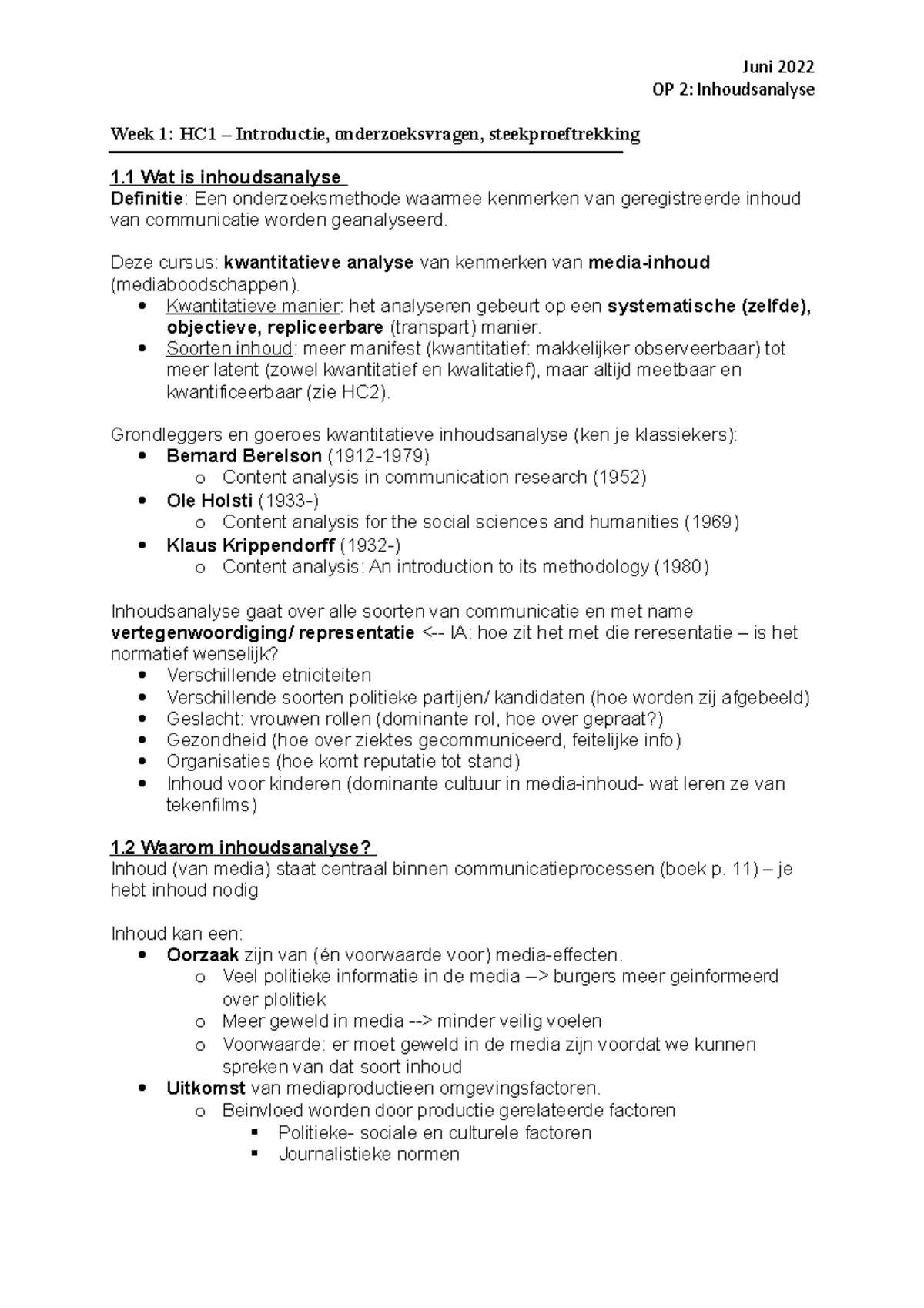 Inhoudsanalyse Samenvatting - OP 2: Inhoudsanalyse Week 1: HC1 ...