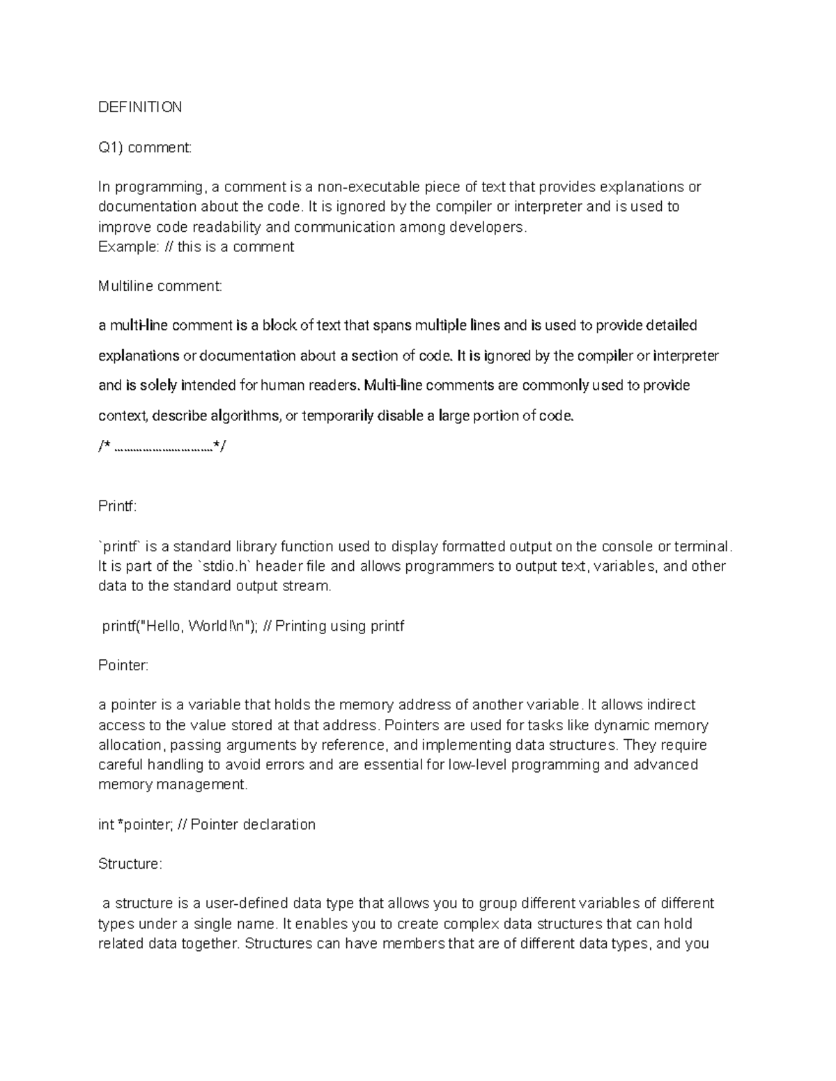 Definition - saccsacasc - DEFINITION Q1) comment: In programming, a ...
