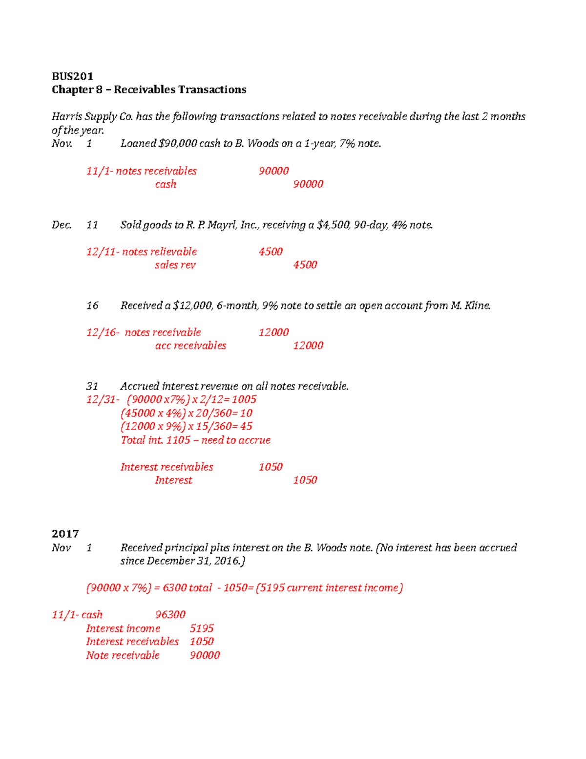 Notes Receivable Problem - BUS201 Chapter 8 – Receivables Transactions ...