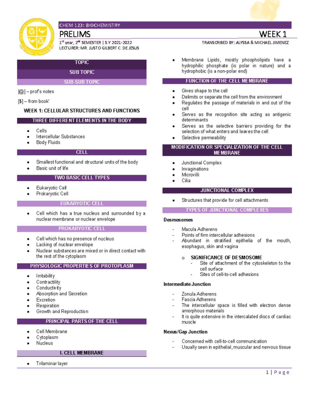 Biochem-prelims-1 - TOPIC SUB TOPIC SUB-SUB TOPIC [@] – prof’s notes ...