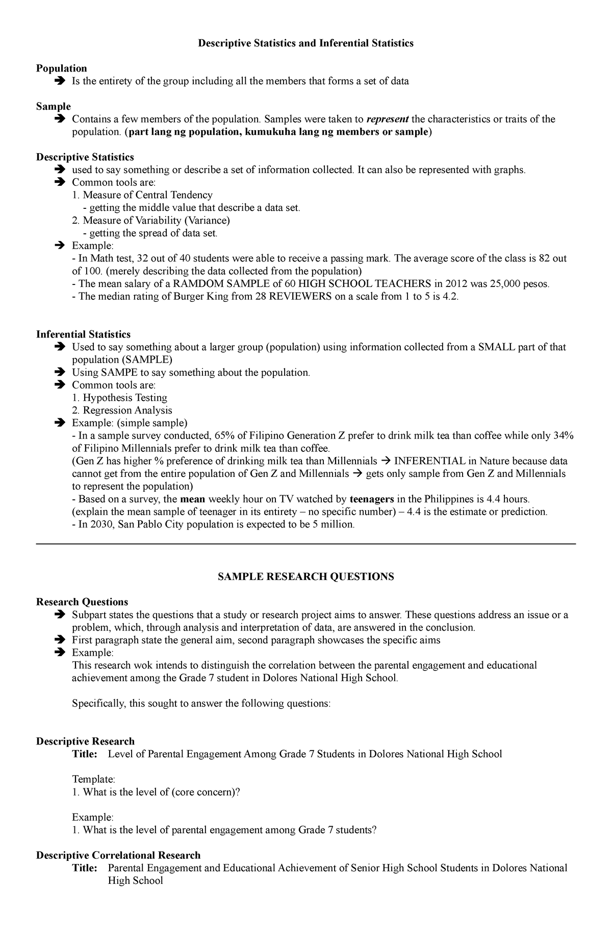 Descriptive Inferential Stat and Sample Research Questions ...