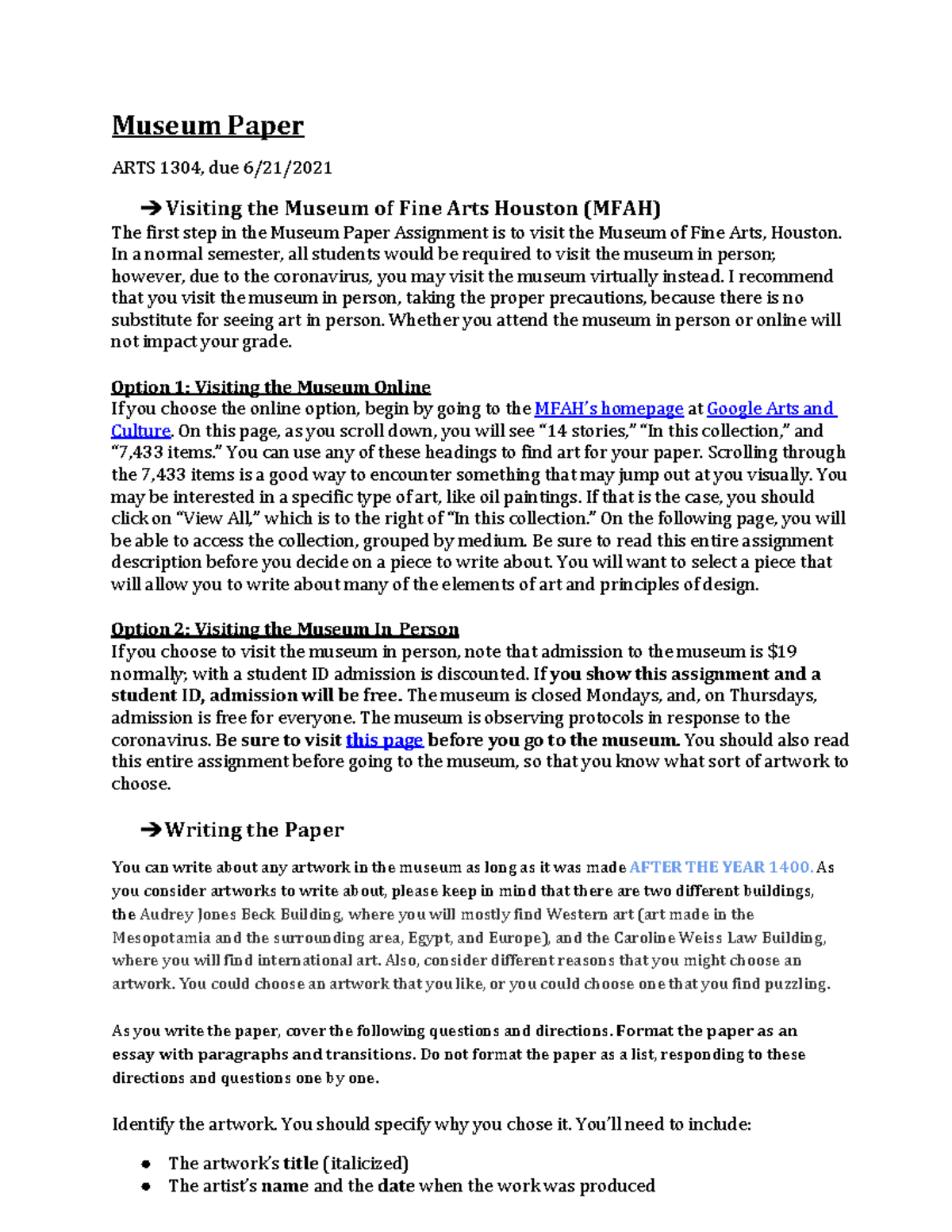 Museum Paper 1304 Summer 2021 M useum Paper ARTS 1304, due 6/21