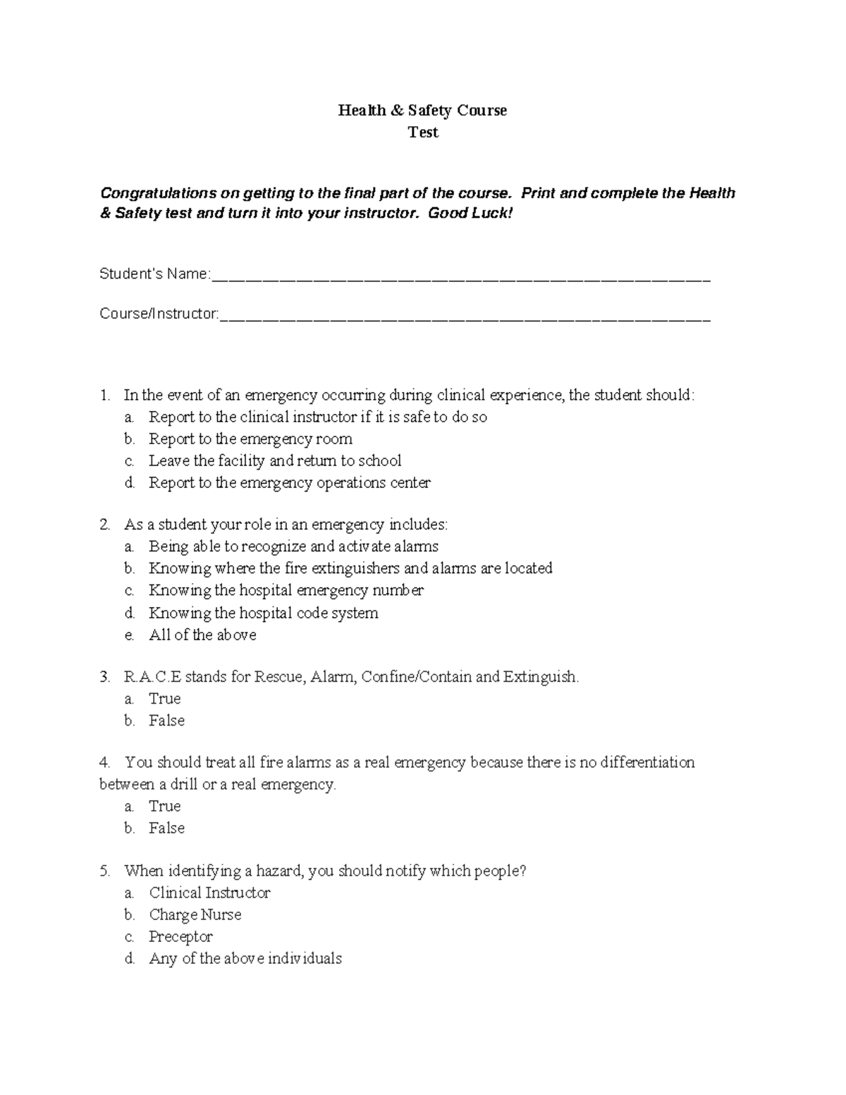 Health and Safety Course Test2 Health & Safety Course Test