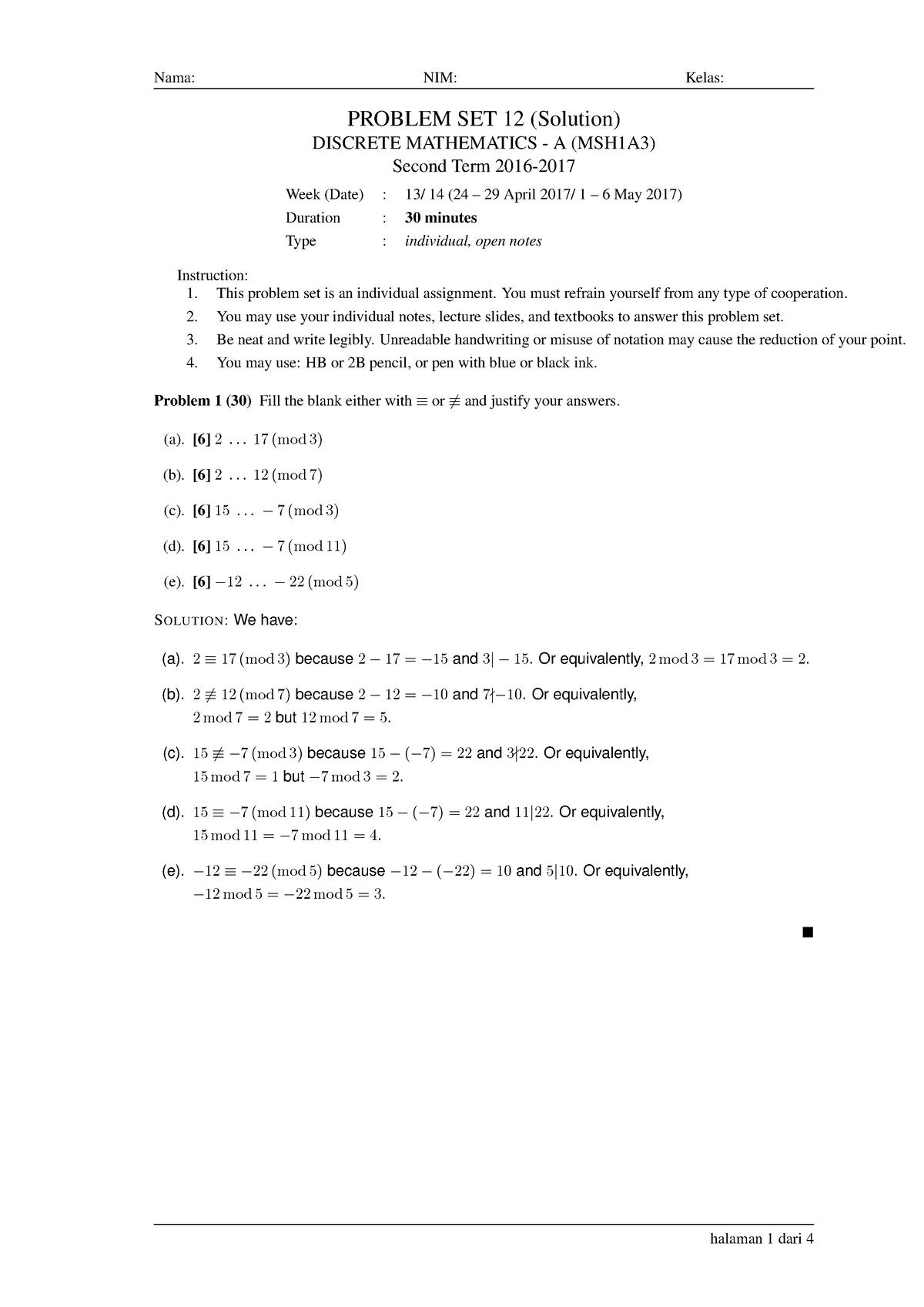 Pembahasan Lengkap Problem Set Minggu 12 - Nama: NIM: Kelas: PROBLEM ...