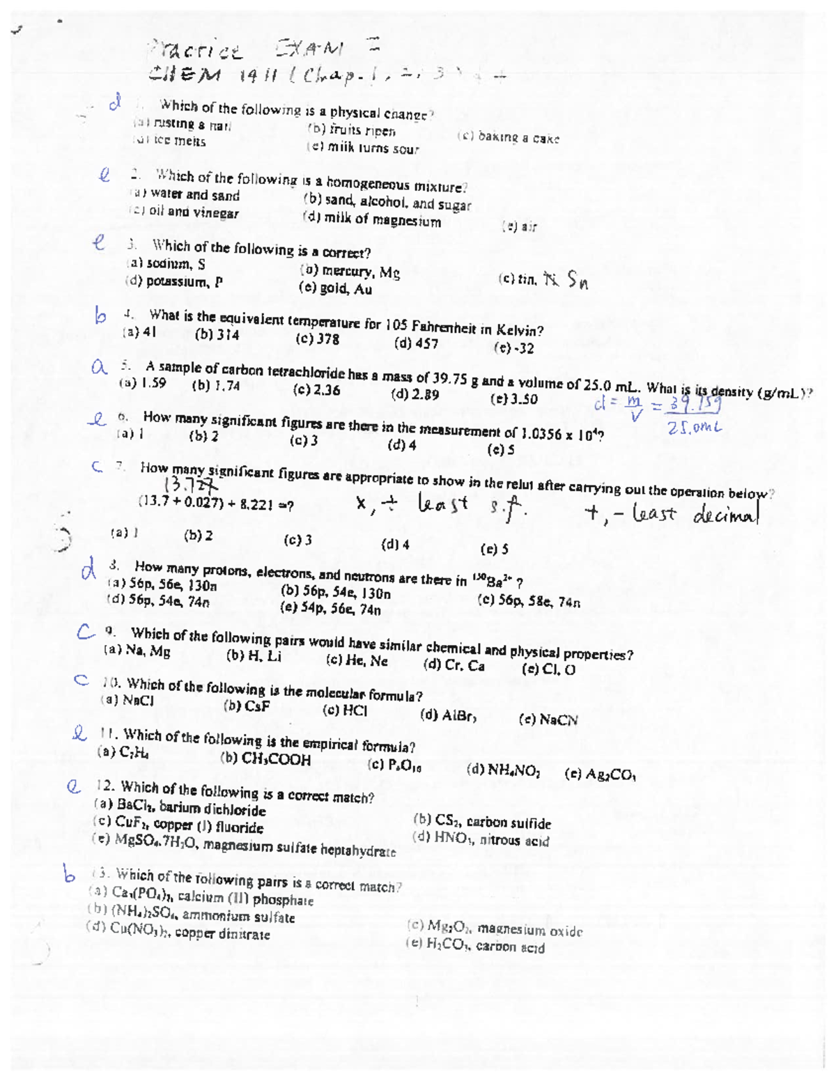 Answer key of practice exam 1 - CHEM 1411 - Studocu