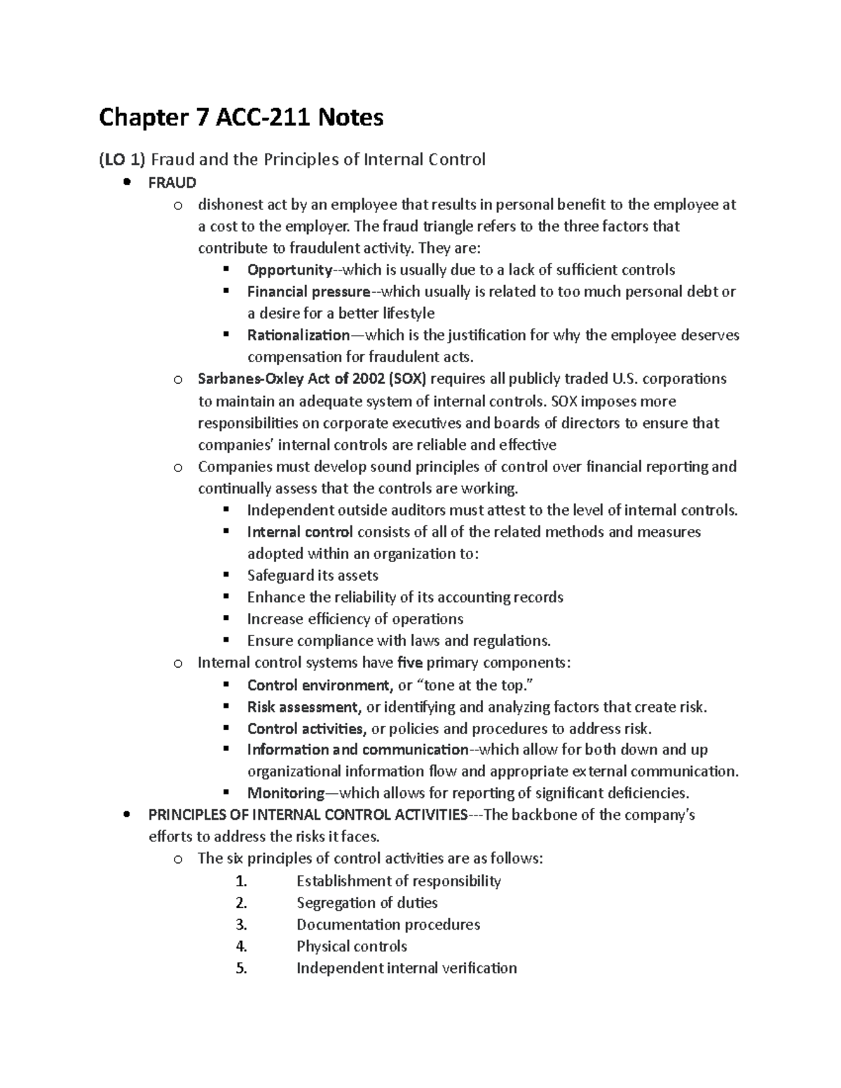 ACC-211 CH. 7 Notes - Fraud, Internal Control, And Cash - Chapter 7 ACC ...