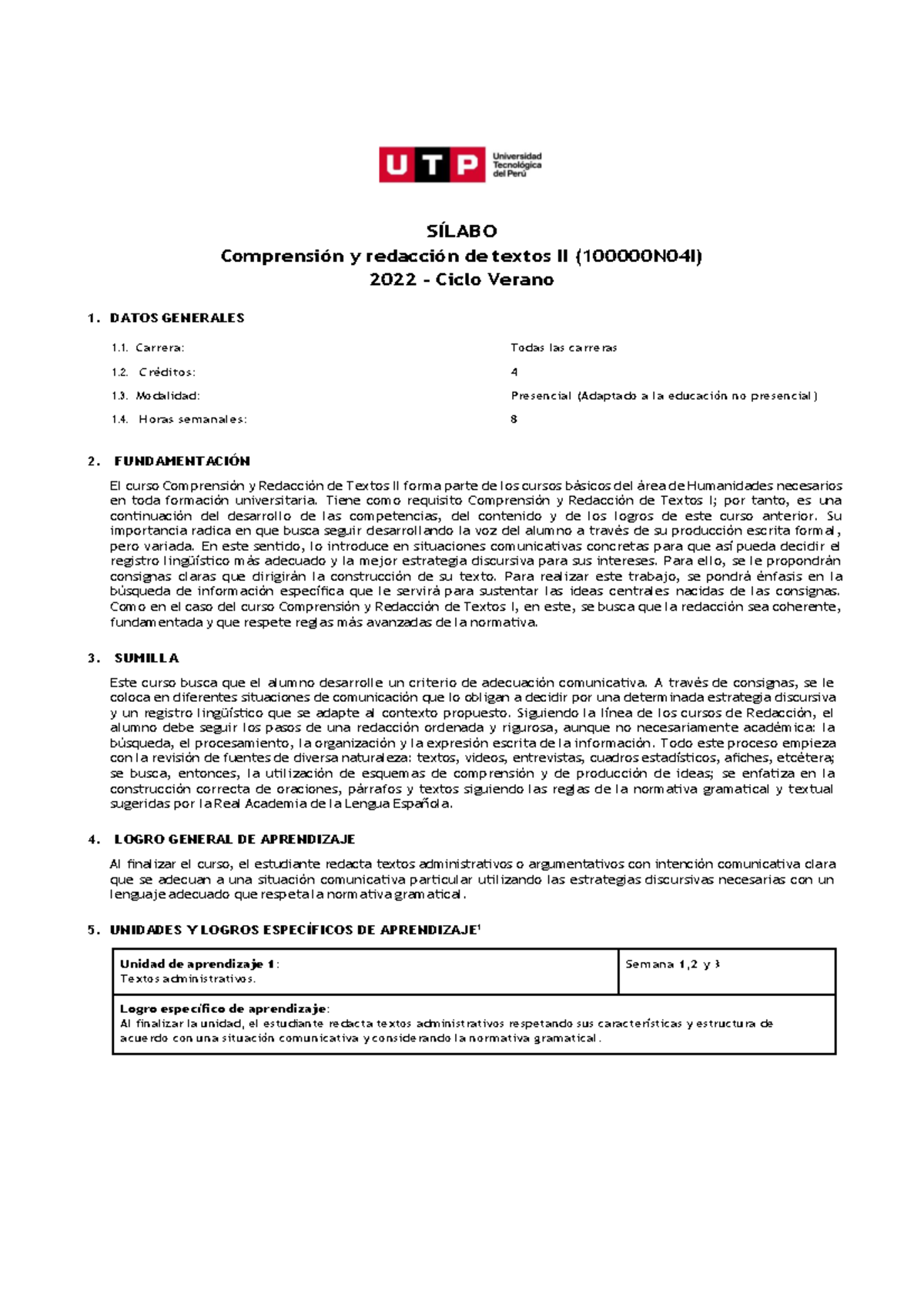 100000 N04I Comprension YRedaccion De Textos Ii - SÍLABO Comprensión Y ...