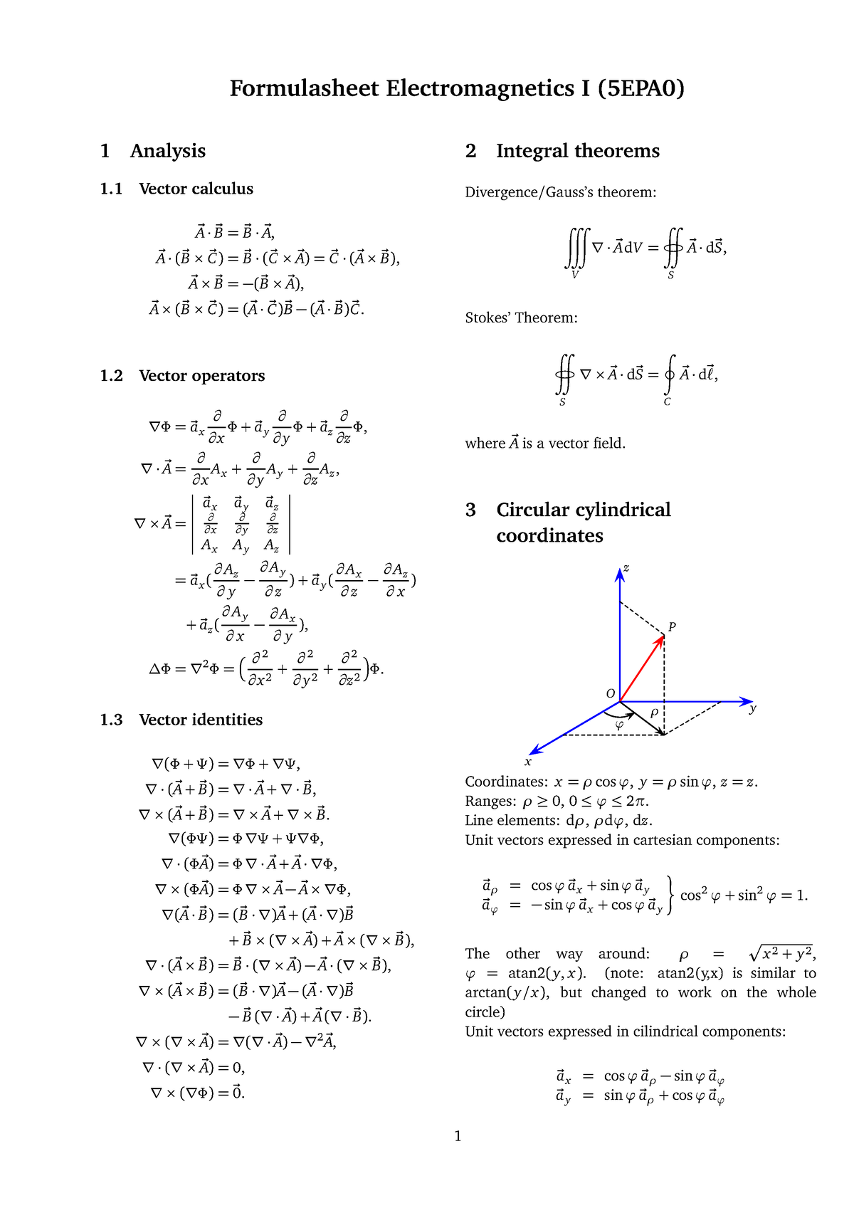 Formula Sheet Formulasheet Electromagnetics I 5epa0 1 Analysis 1 Vector Calculus ~ A · ~ B 4521