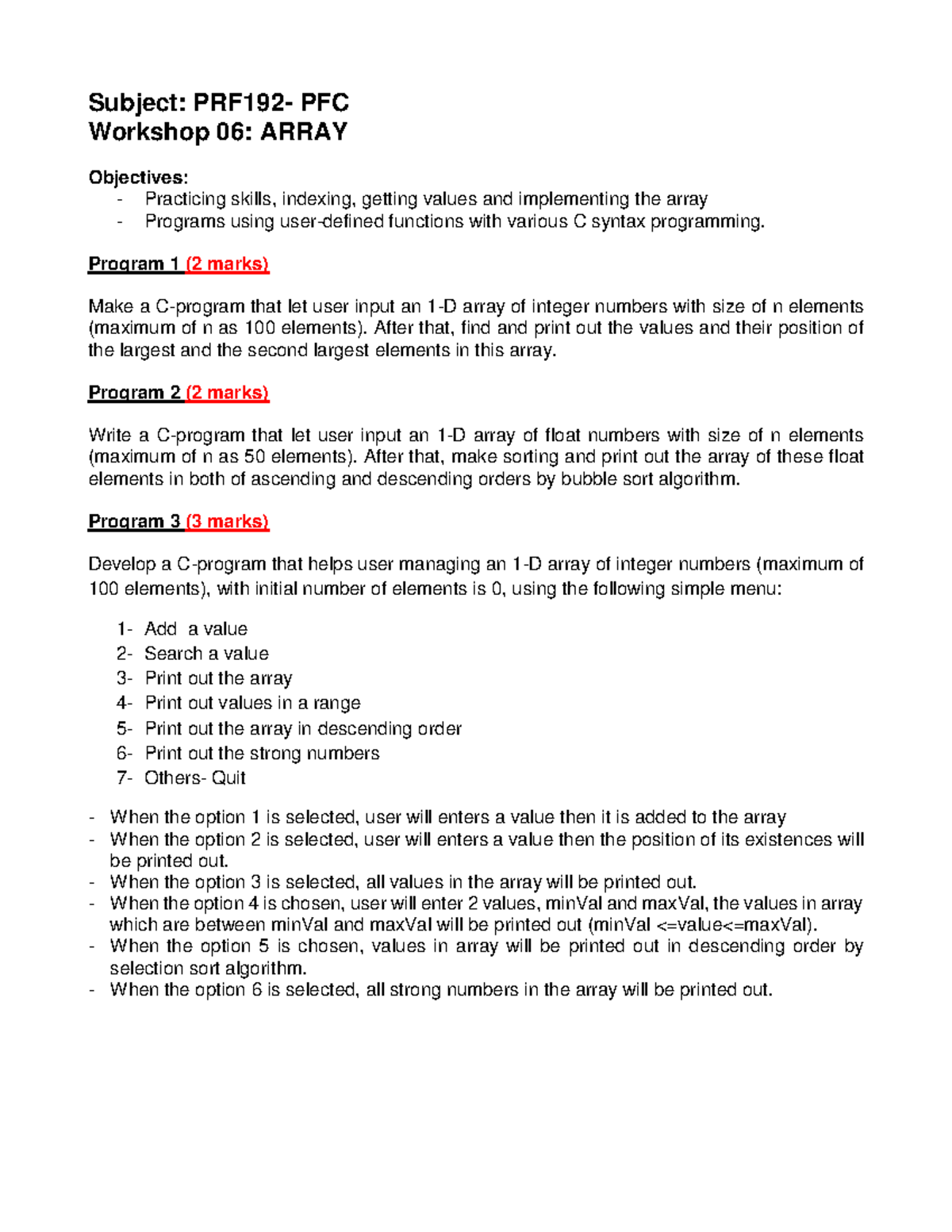 Workshop 6 - Practice - Subject: PRF192- PFC Workshop 06: ARRAY ...