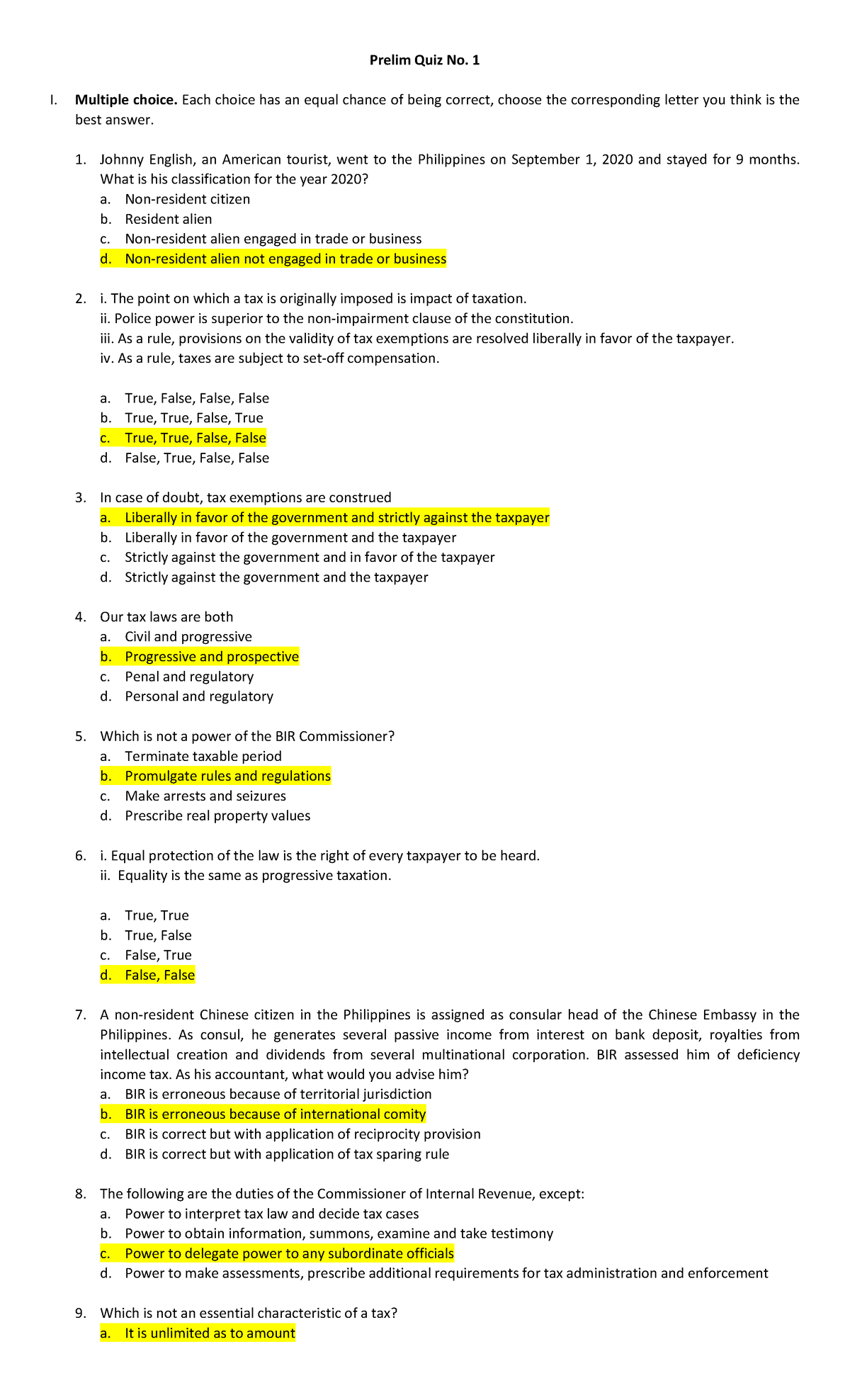 - Bayag - Review - Prelim Quiz No. 1 I. Multiple choice. Each choice ...