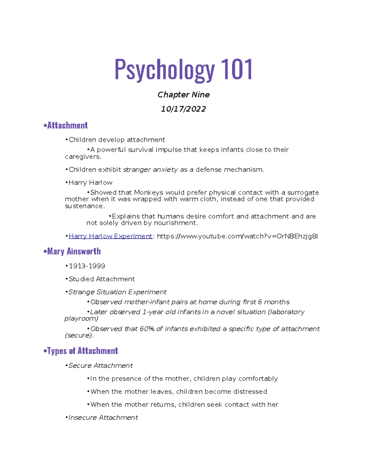 PY 101 - Chapter NINE Notes - Psychology 101 Chapter Nine 10/17 ...