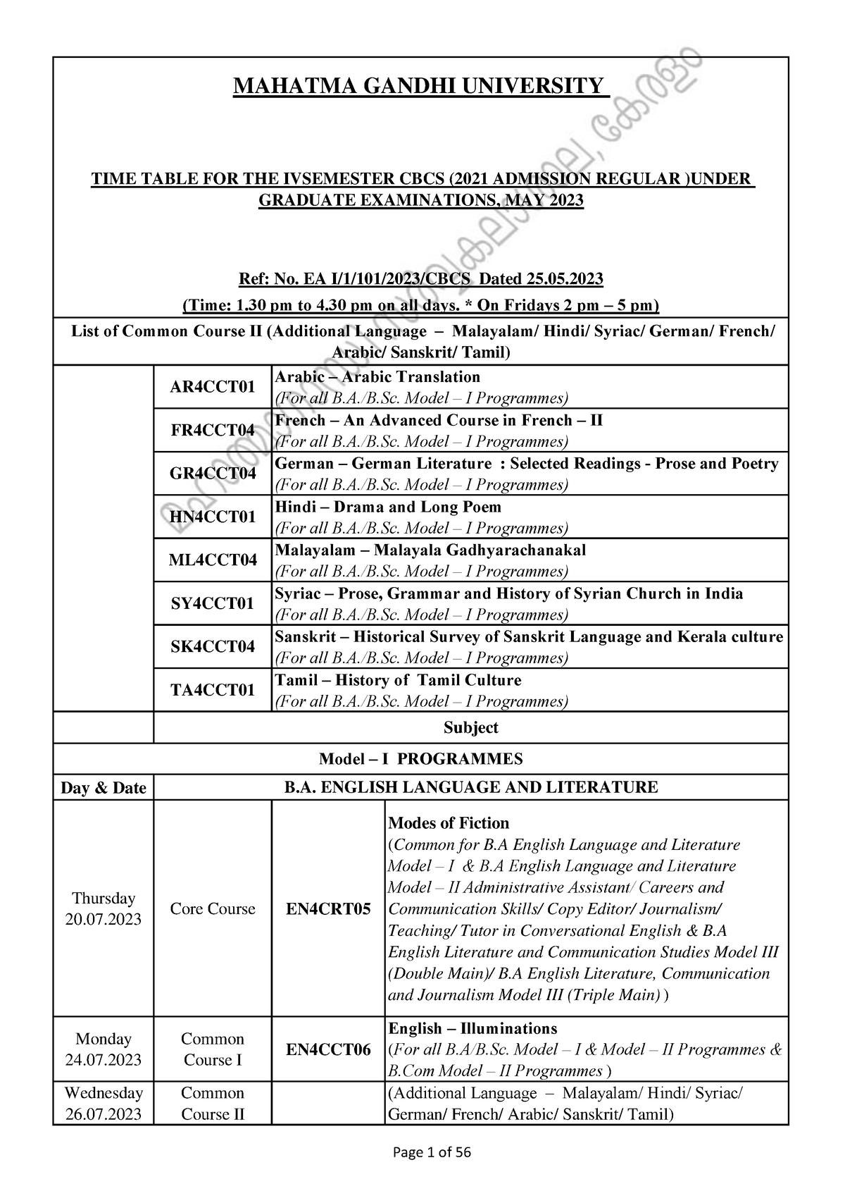 IV Semester CBCS Exams 2023 TT - Bachelor Of Computer Applications - MG ...