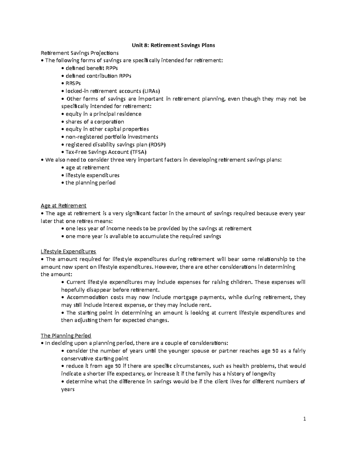 Unit 8 - Entire Note - Unit 8: Retirement Savings Plans Retirement ...