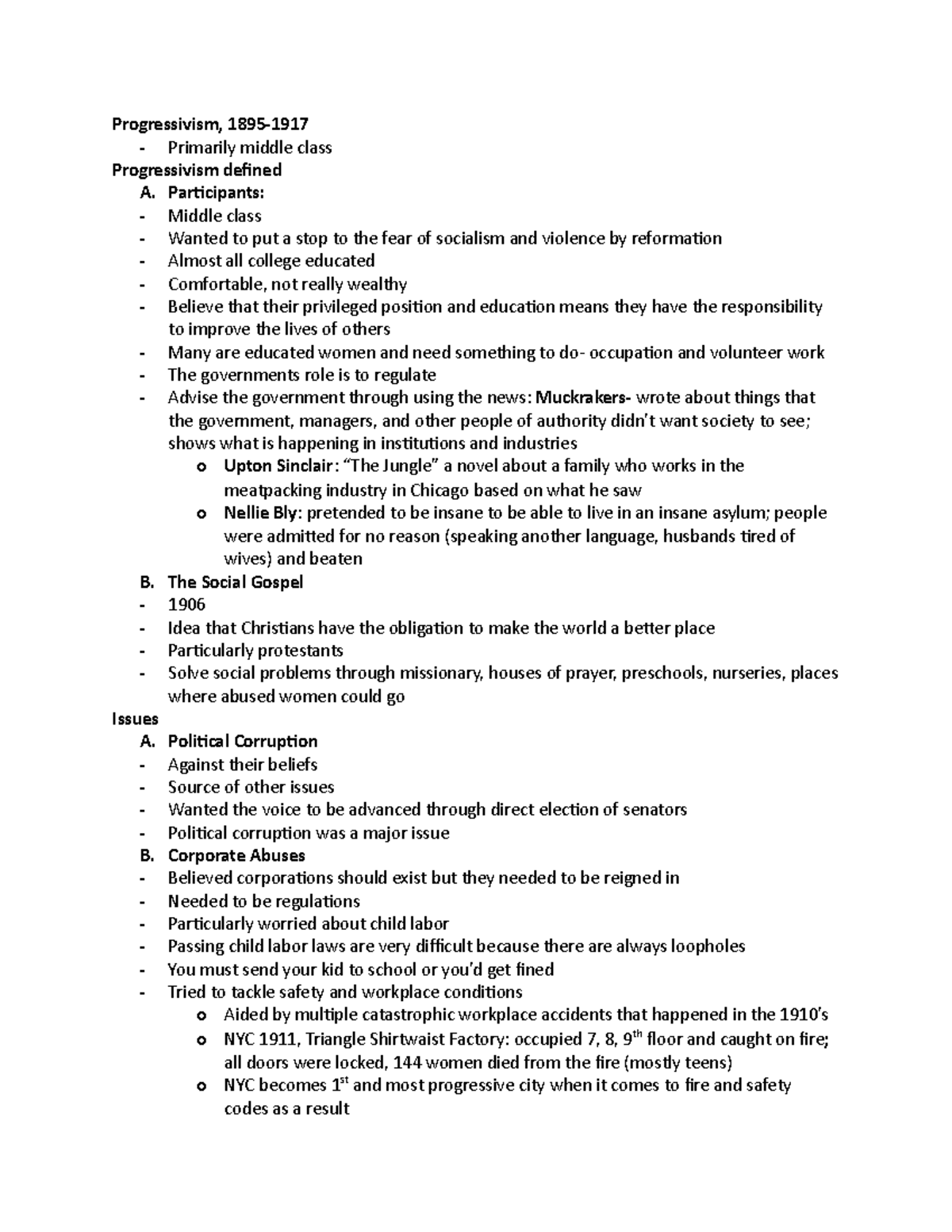 Progressivism lecture notes - Progressivism, 1895-1917 - Primarily ...