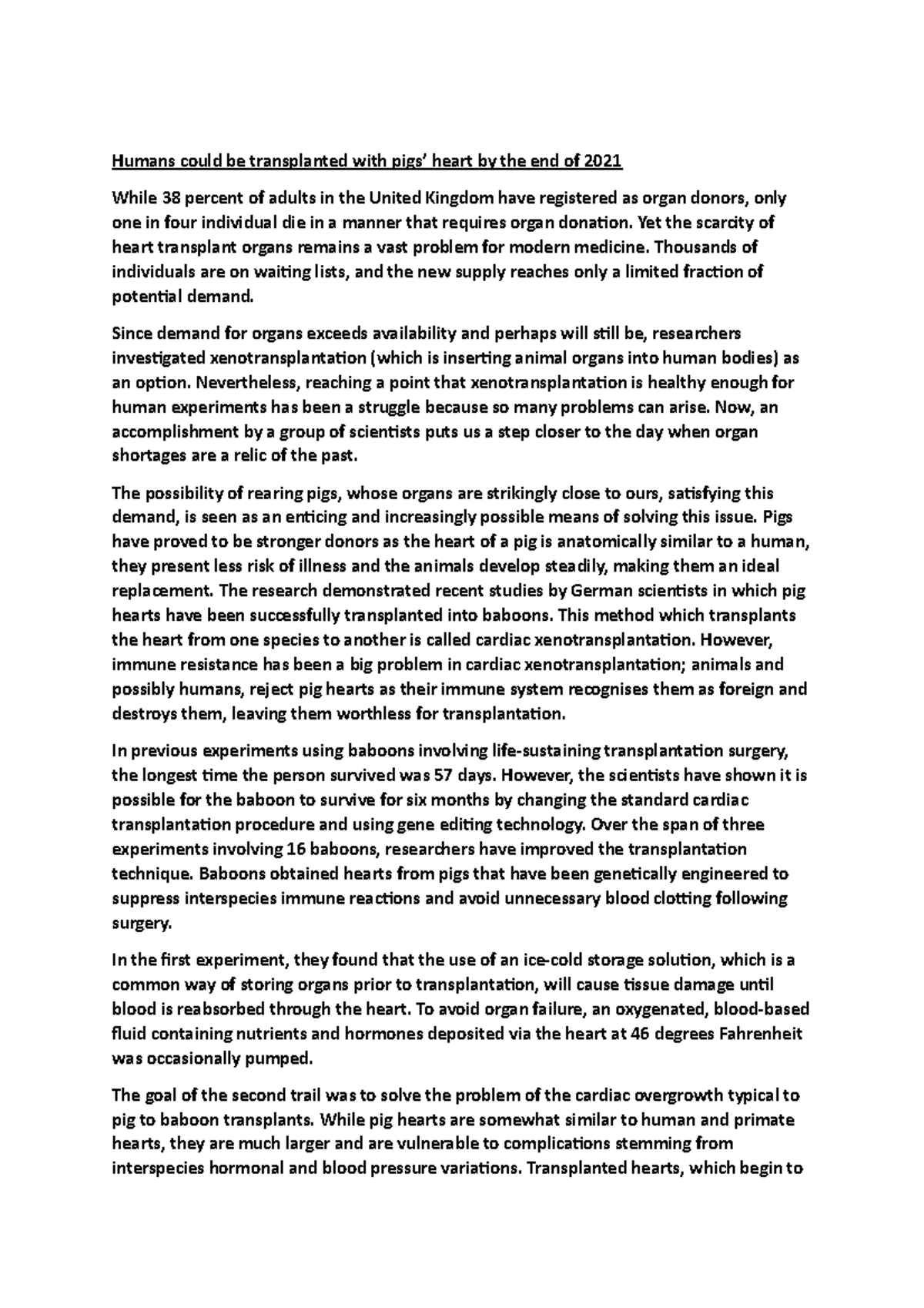 Pig heart summary information Humans could be transplanted with pigs