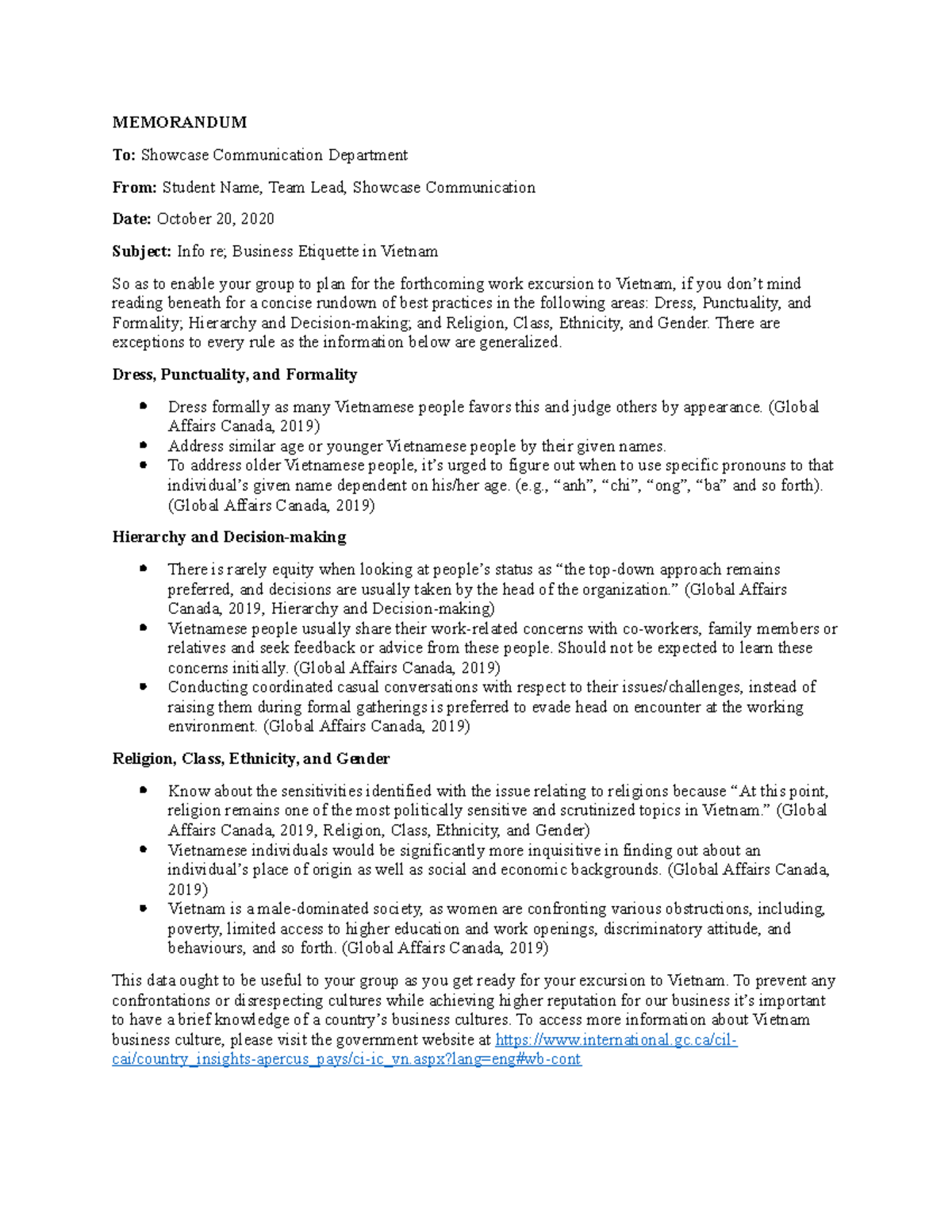 Memorandum Assignment Example for introduction - MEMORANDUM To ...