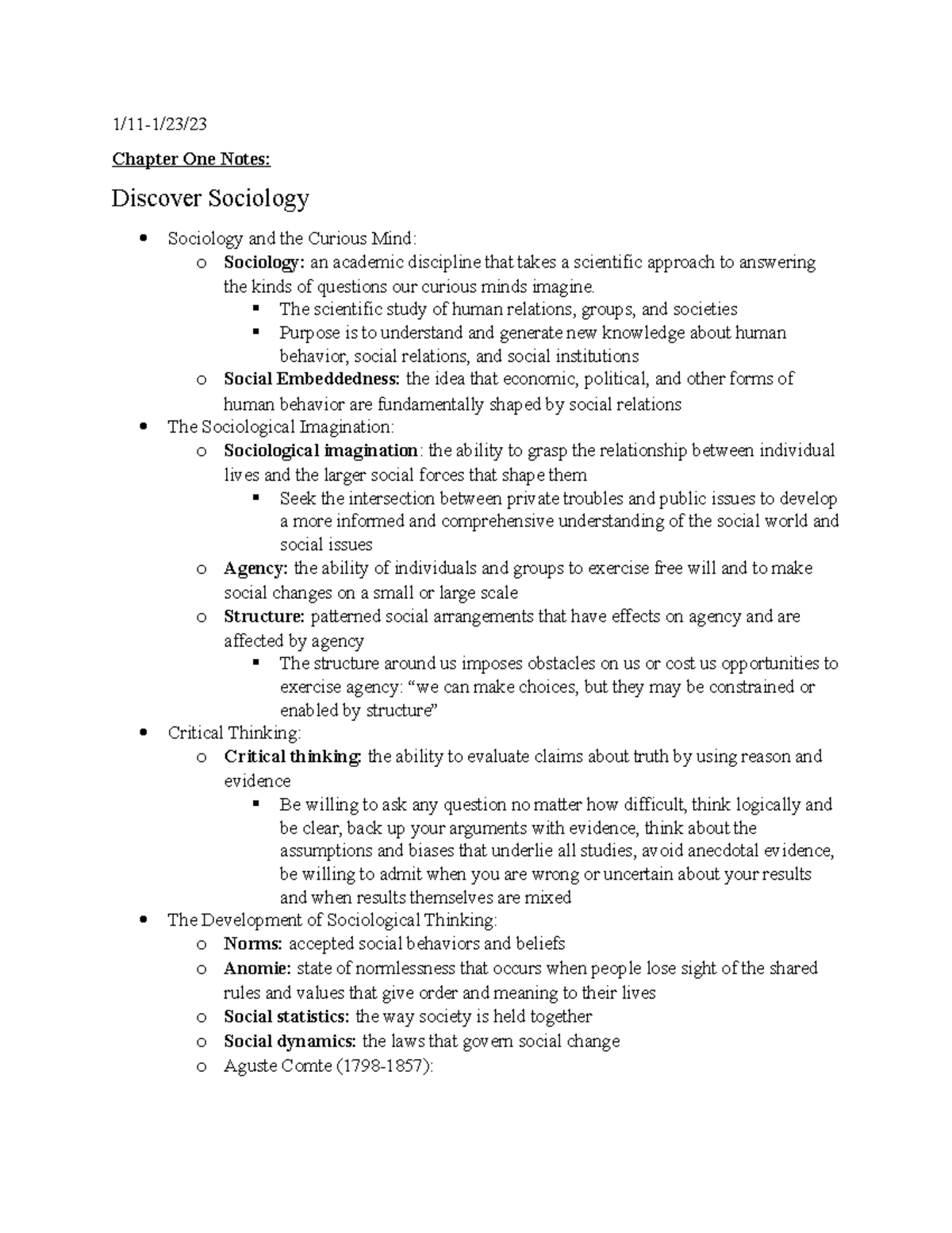 Notes C1 SOC 101 Textbook Notes - 1/11-1/23/ Chapter One Notes ...