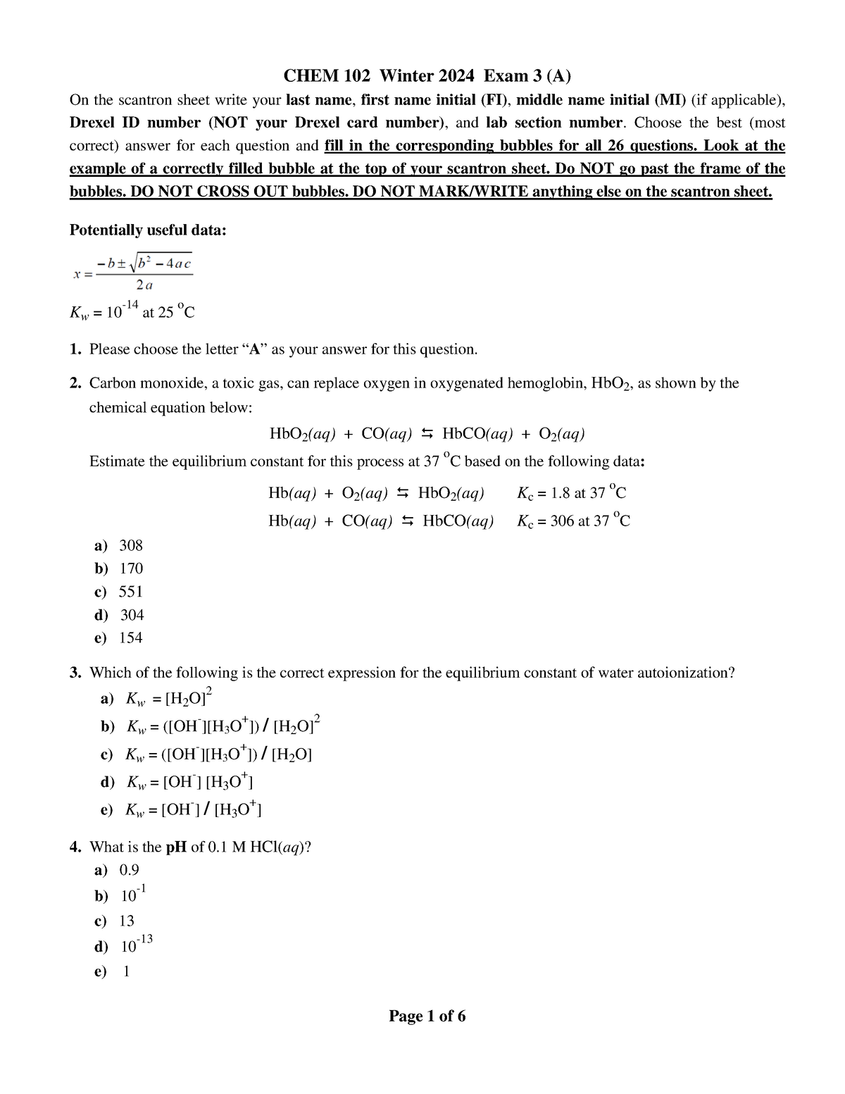 Exam 3 102 W24a w. Answer Key - CHEM 102 Winter 2024 Exam 3 (A) On the ...