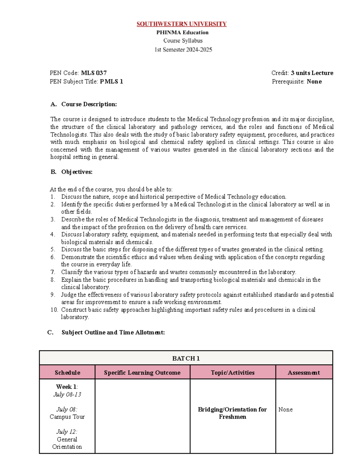 MLS 037 PMLS 1- Course Syllabus - PEN Code: MLS 037 Credit: 3 units ...