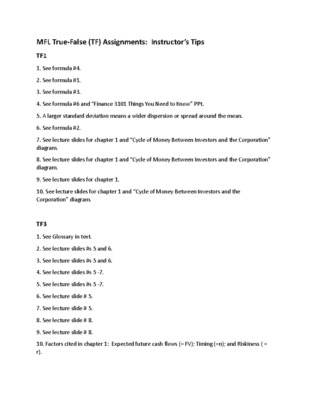 MFL True-False (TF) Assignments Instructor’s Tips - See formula #4. 2 ...