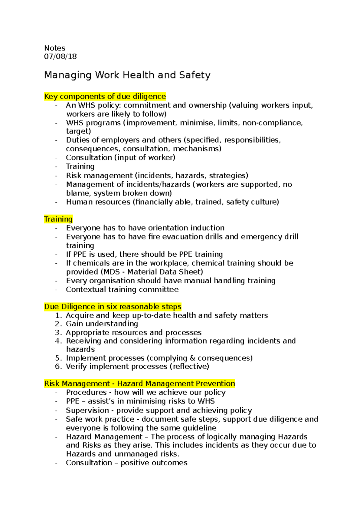 Lecture notes 3 - Notes 07/08/ Managing Work Health and Safety Key ...