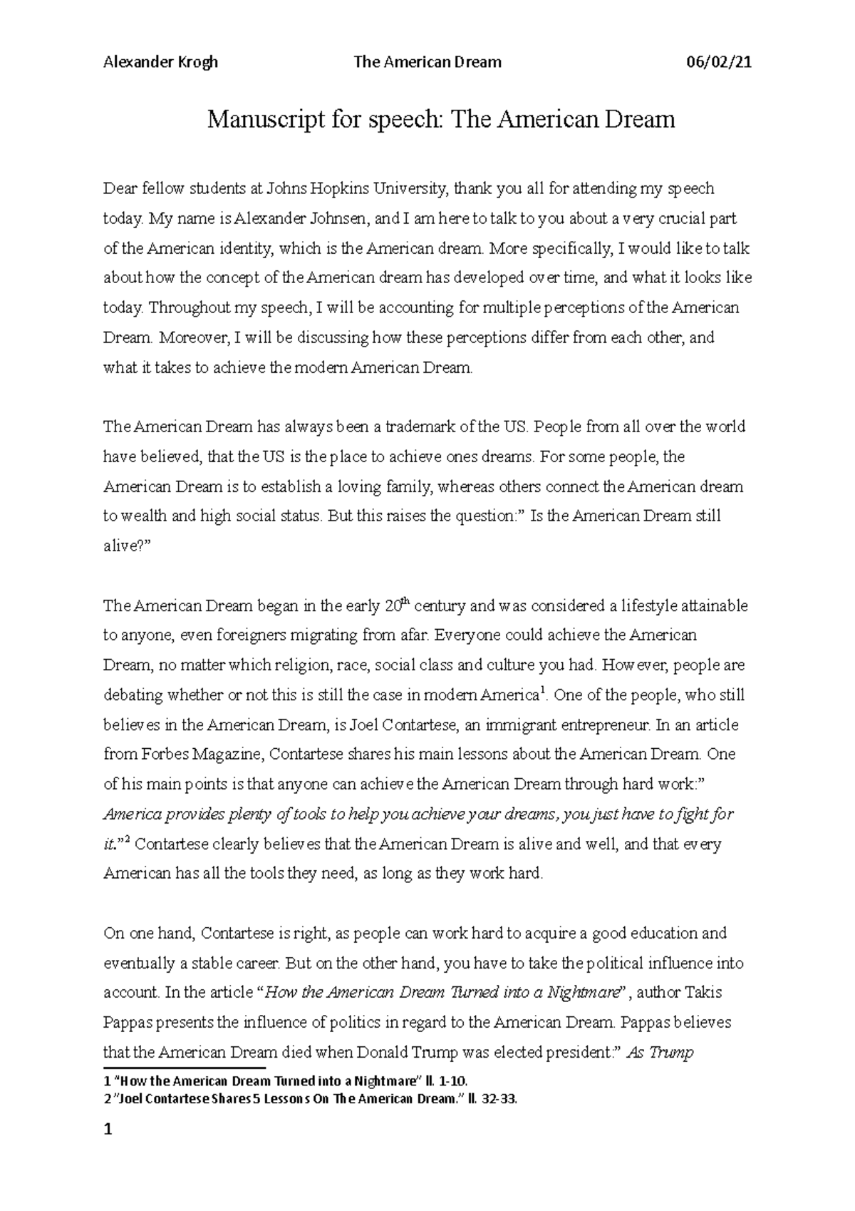 Speech On The American Dream Manuscript for Speech-The-American-Dream - Alexander Krogh The American