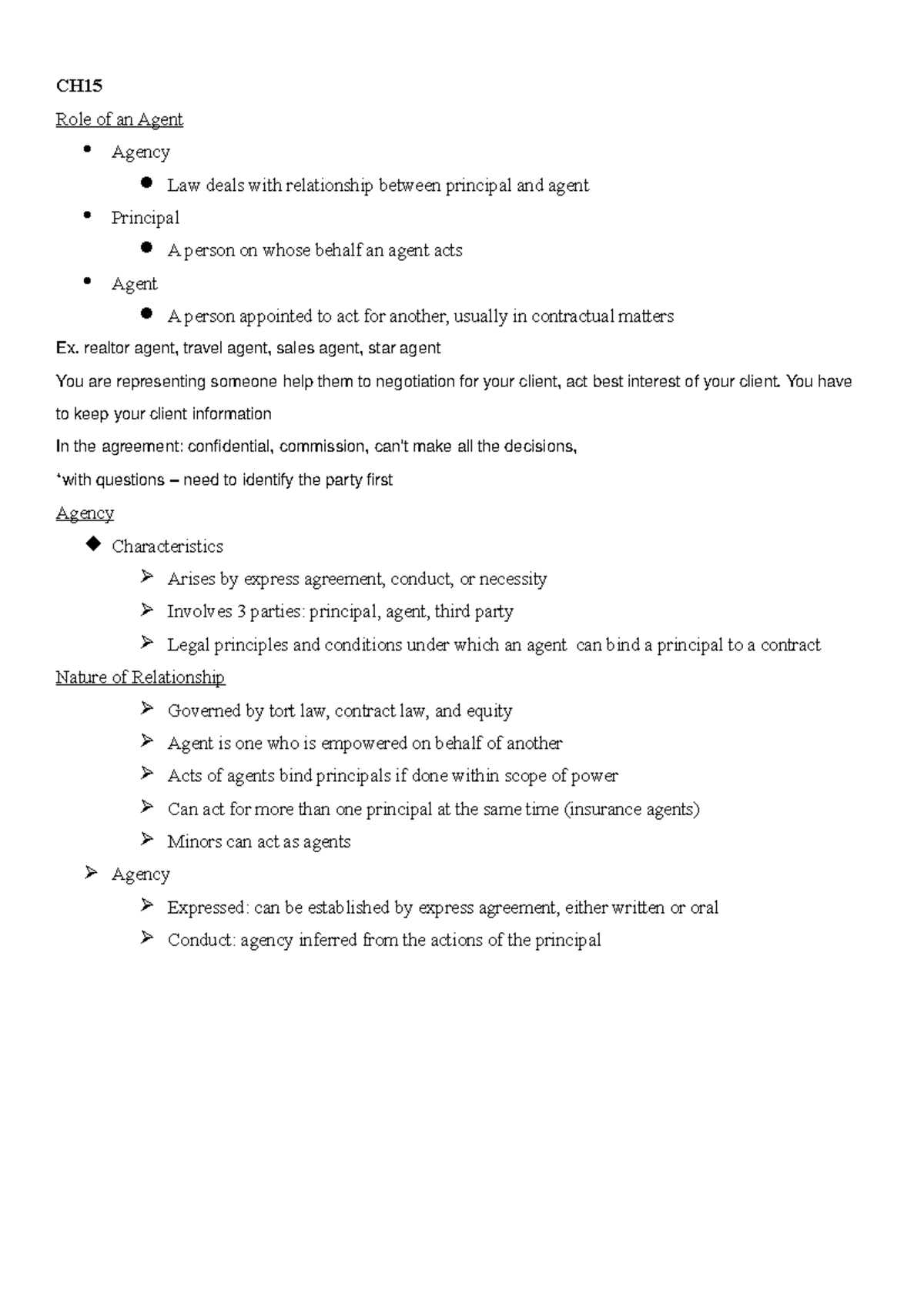 Final review-adms2610 - CH15 Role of an Agent Agency Law deals with ...