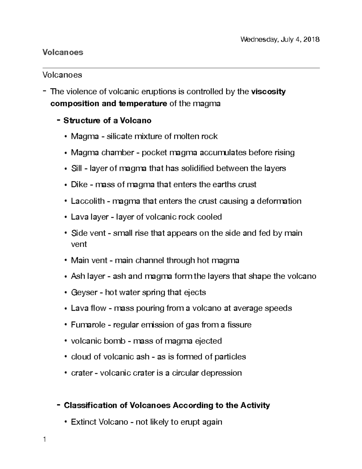 Volcanoes - Lecture notes 9 - Wednesday, July 4, 2018 Volcanoes ...
