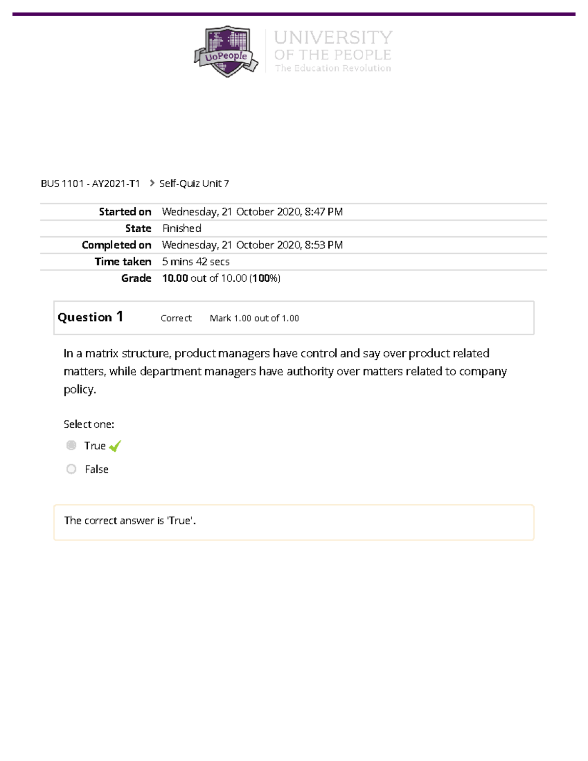 BUS 1101 - Principles of Business Management Self-Quiz Unit 7 - Started ...