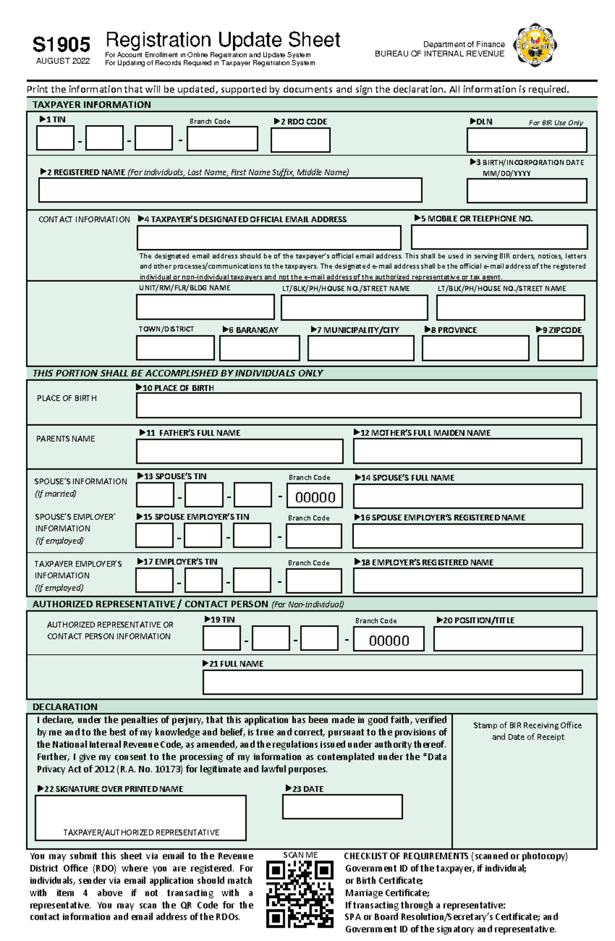 BIR S1905 - Registration Update Sheet - S 1905 AUGUST 2022 Registration ...