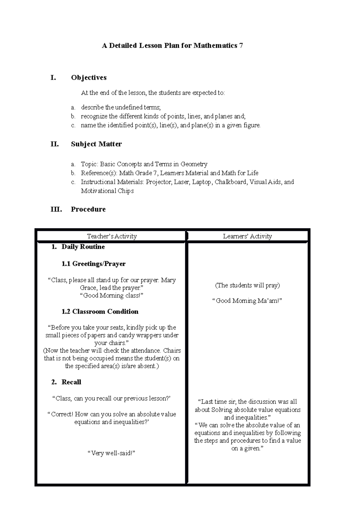 A Detailed Lesson Plan For Mathematics 7 Objectives At The End Of The
