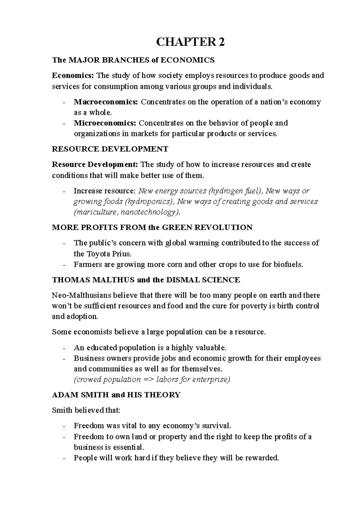 Chapter 2 Intro To Ba Chapter 2 The Major Branches Of Economics