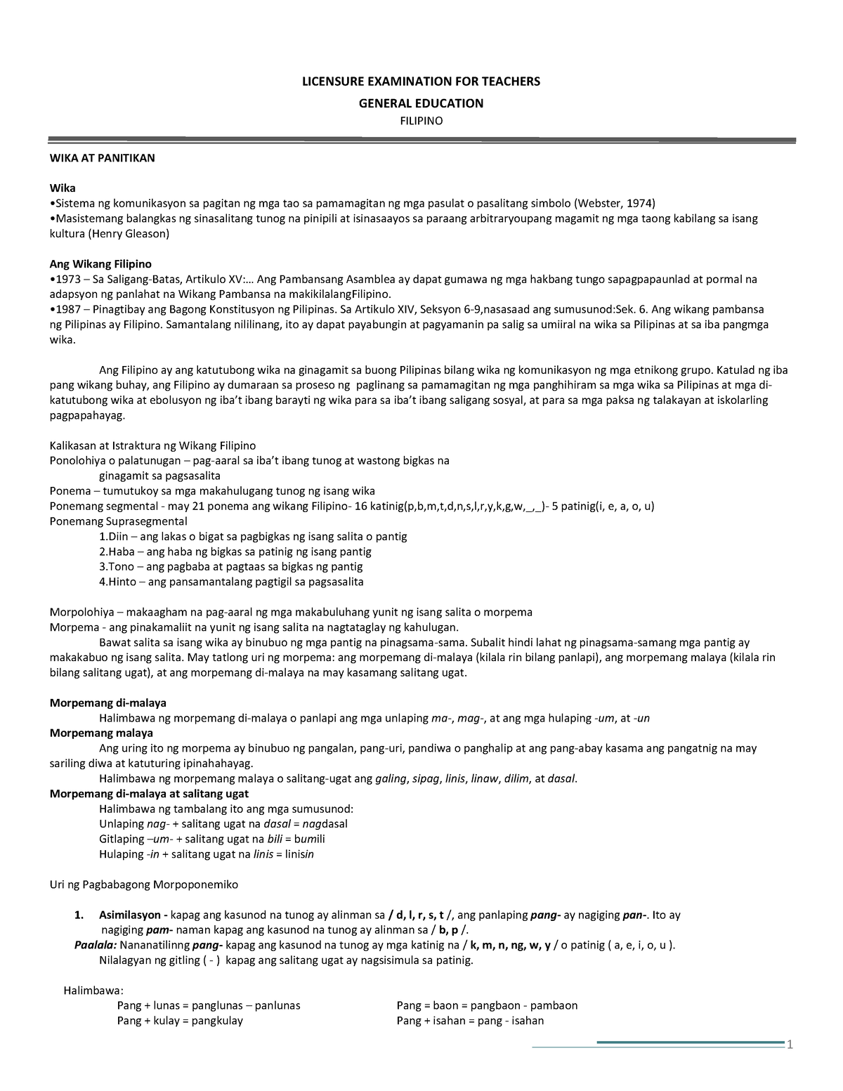 Handouts-Filipino-LET - LICENSURE EXAMINATION FOR TEACHERS GENERAL ...