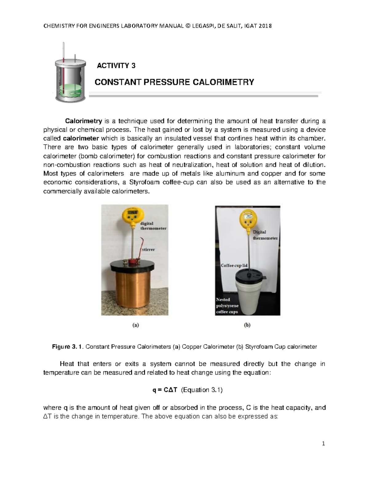 ACT 3 Constant Pressure Calorimetry 22 ACTIVITY 3 CONSTANT PRESSURE