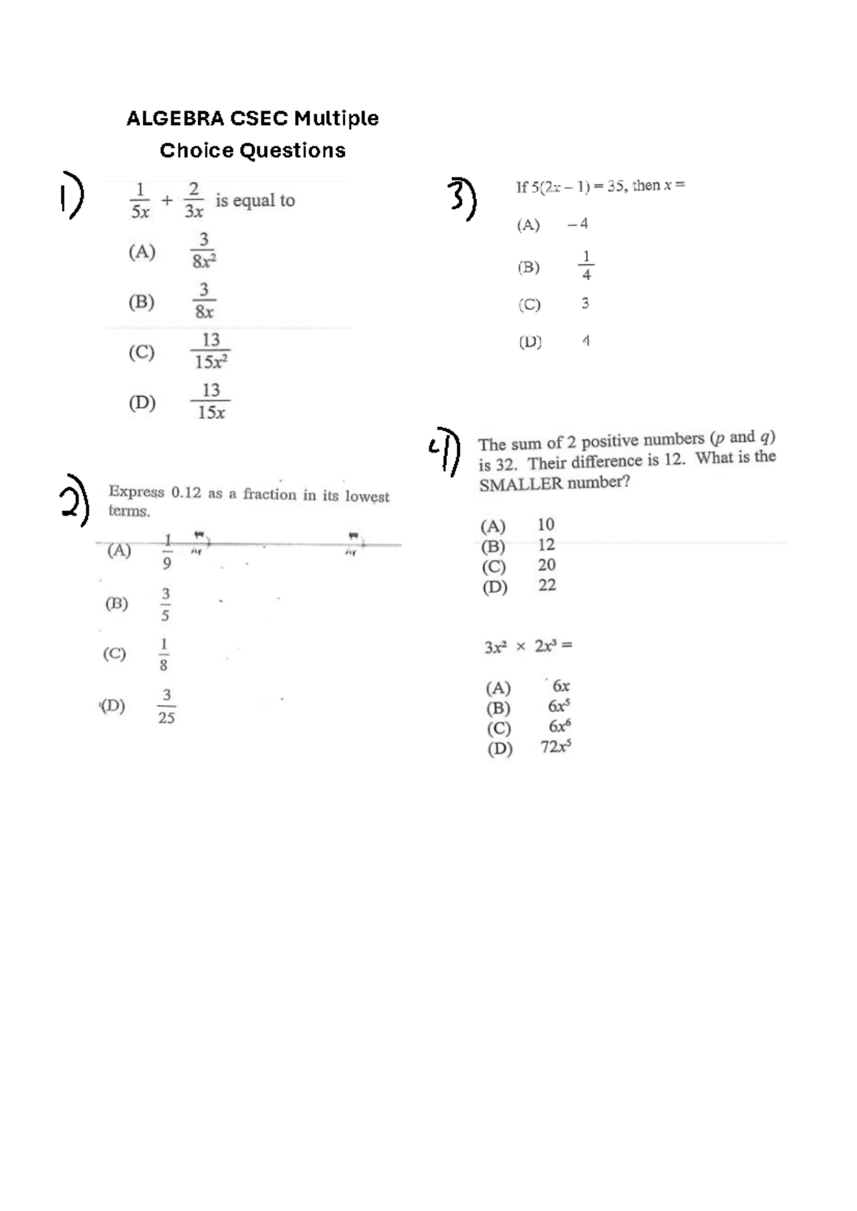 Algebra CSEC MCQ - 2) ALGEBRA CSEC Multiple Choice Questions J is equal ...