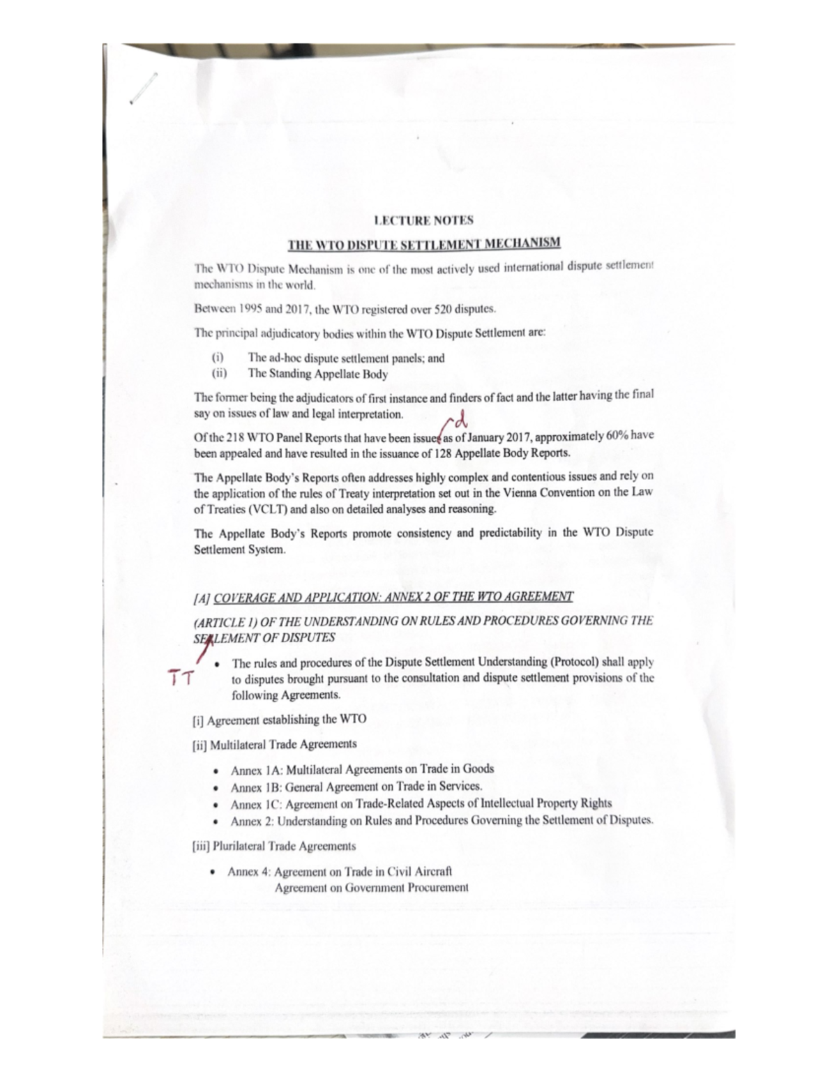 Lecture Notes - LECTURE NOTES THE WTO DISPUTE SETTLEMENT MECHANISM The ...