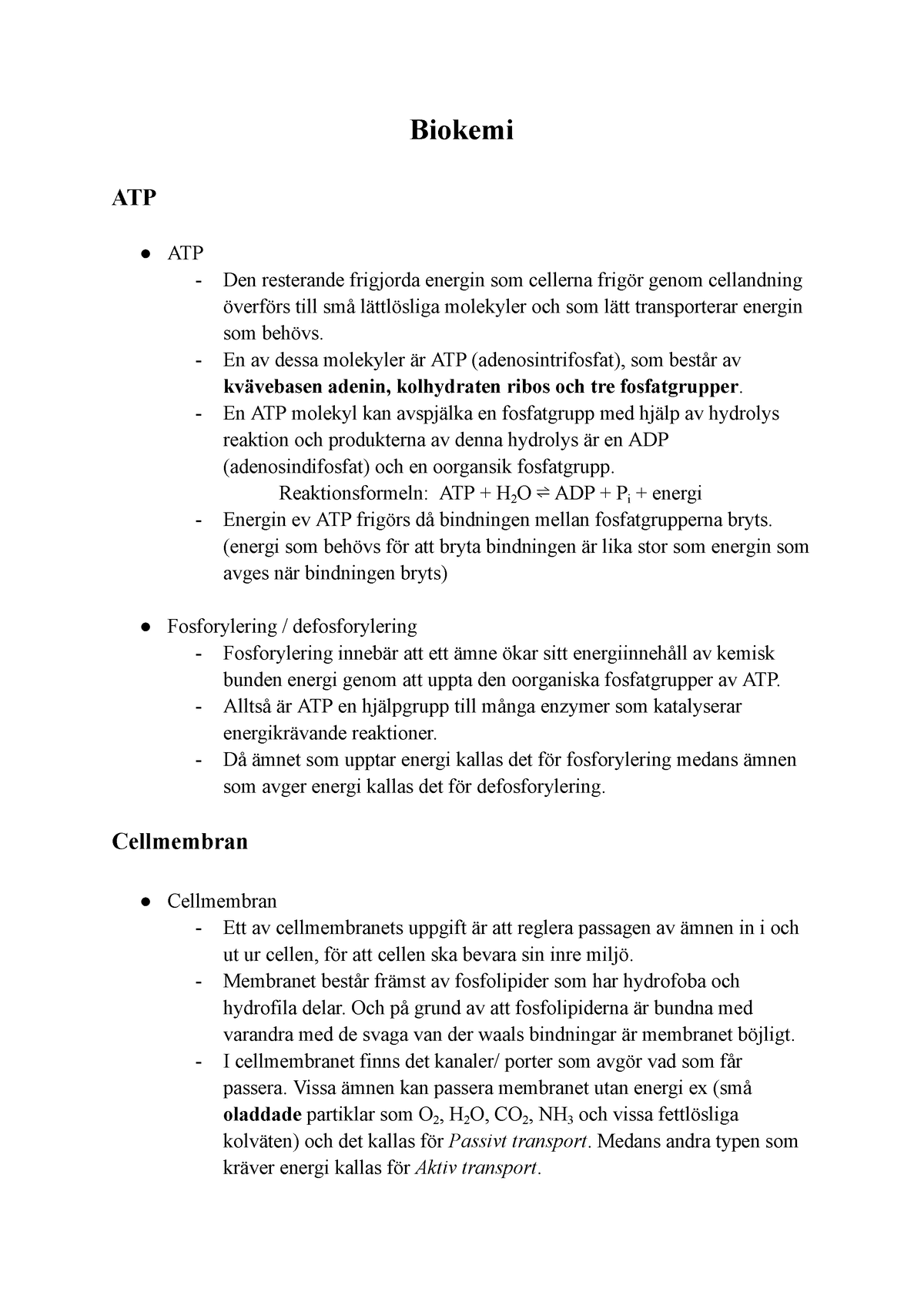 Bio Kemi - Sammanfattning Av Biokemi - Biokemi ATP ATP - Den Resterande ...