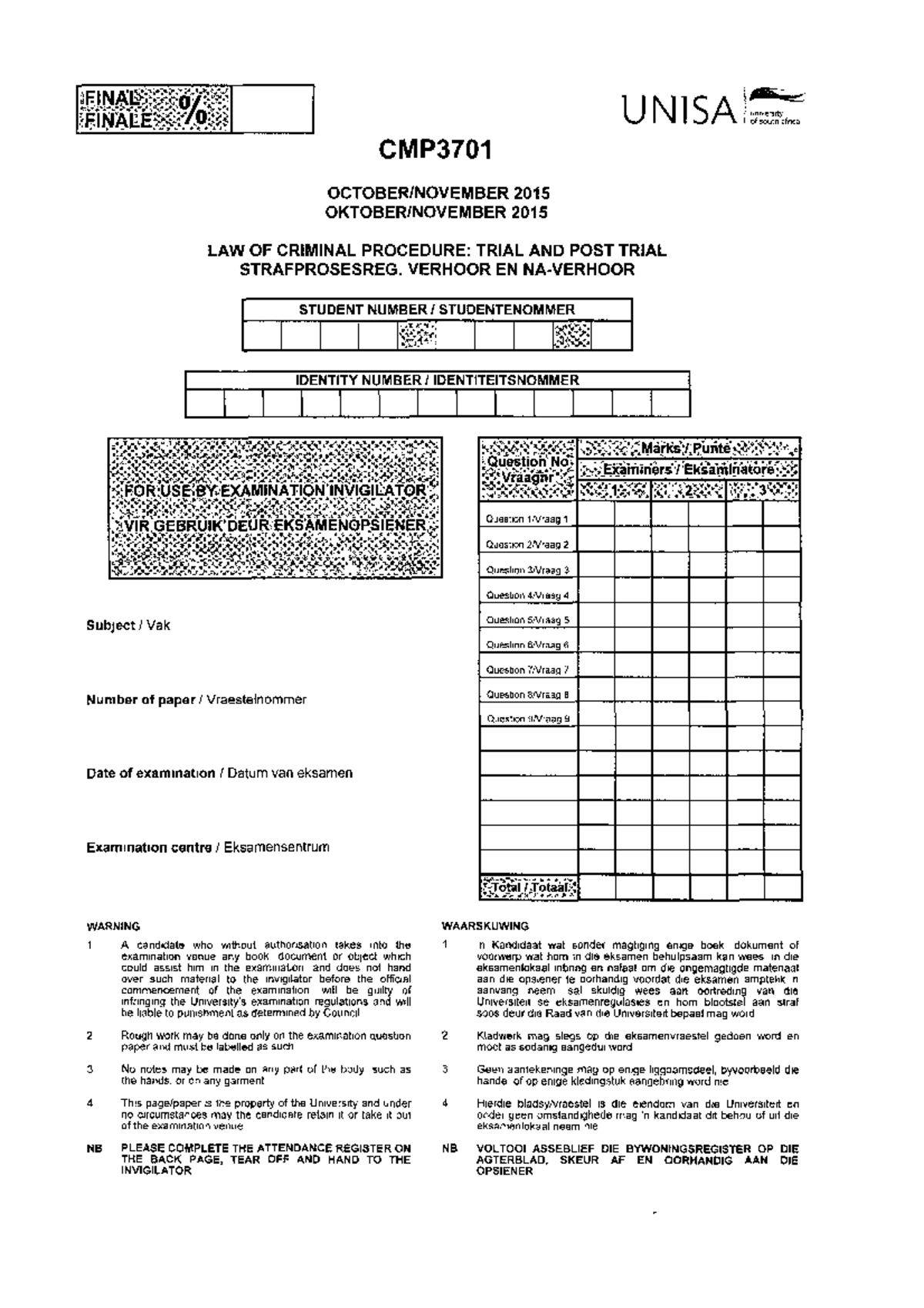 CMP Nov 2015 - Criminal Procedure CPR3701 - CPR3701 - Studocu