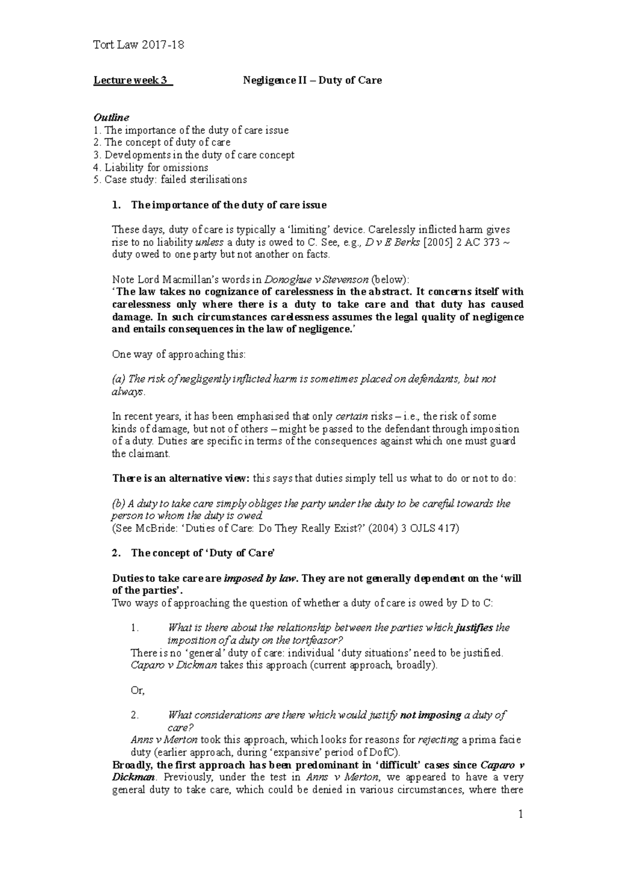 Lecture 3 Duty of Care handout 2017 18 - Tort Law 2017-18 Lecture week ...