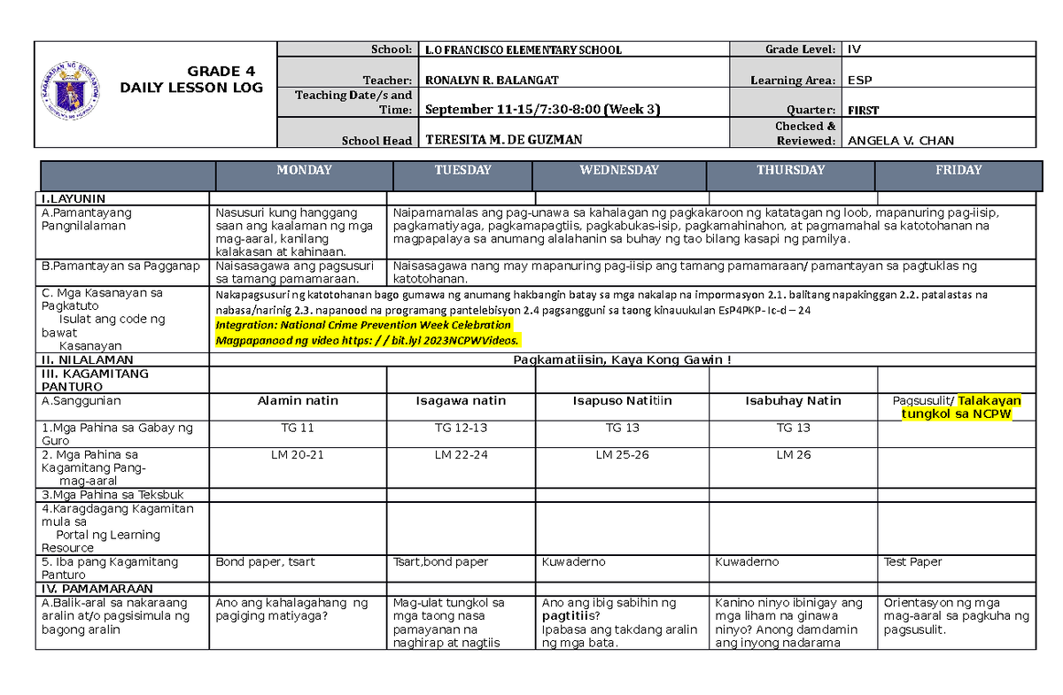 DLL ESP 4 Q1 W3 new dll GRADE 4 DAILY LESSON LOG School L