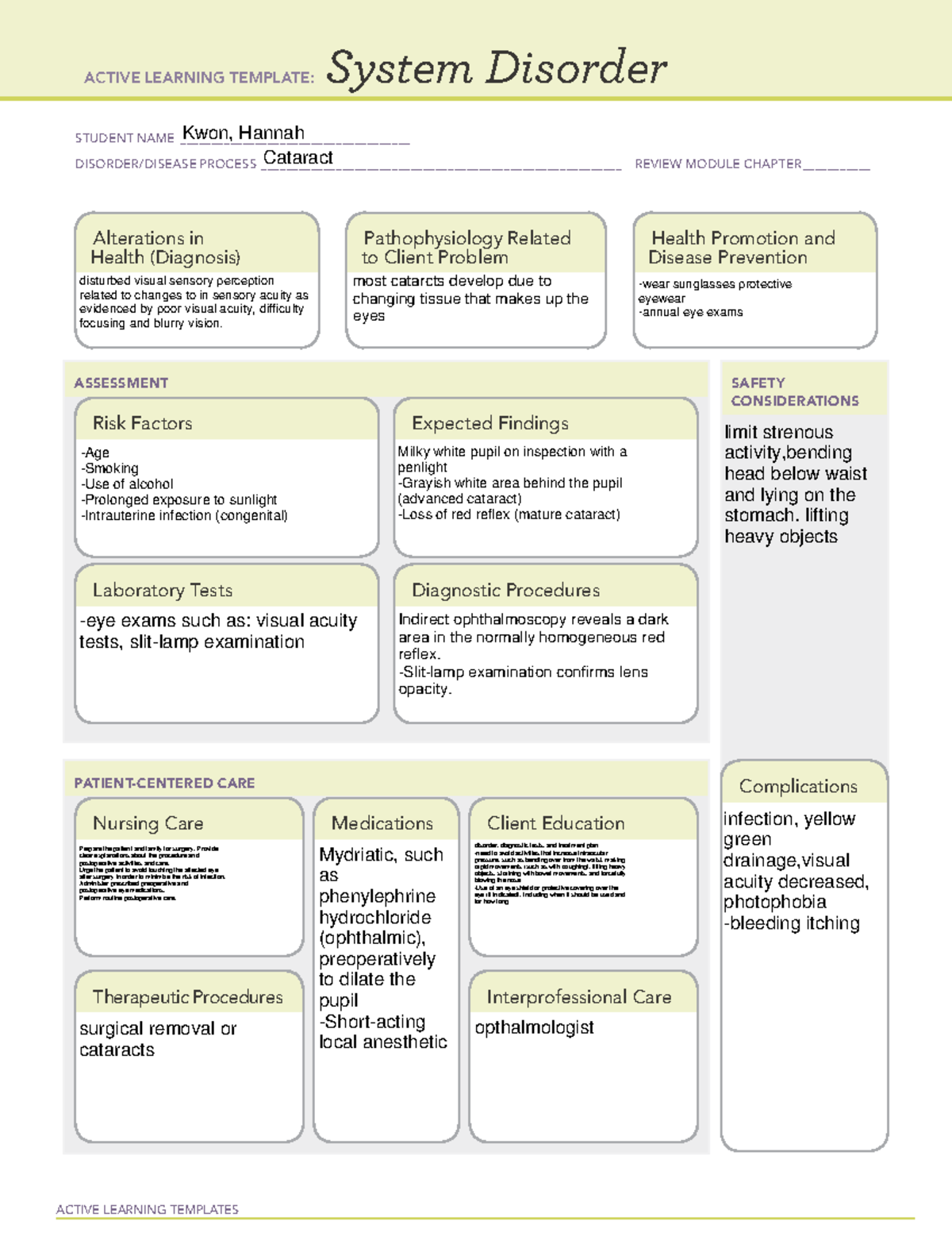 System Disorder cataract - ACTIVE LEARNING TEMPLATES System Disorder ...