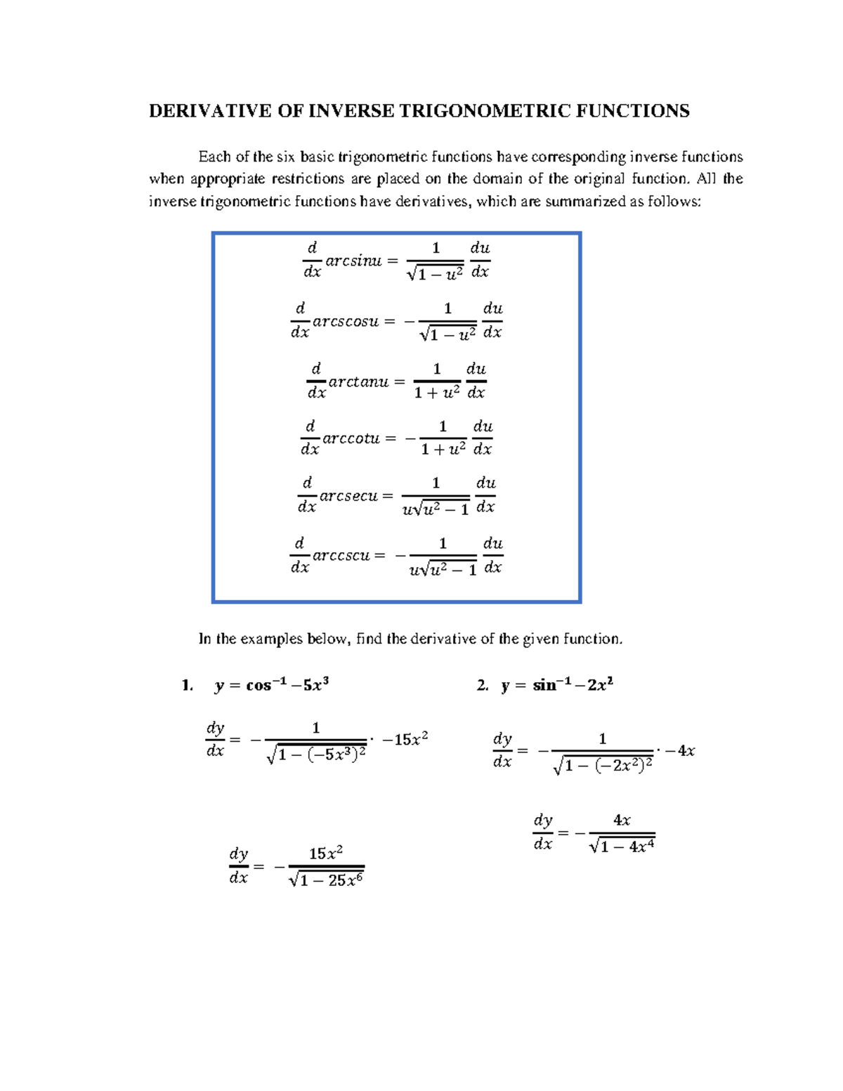 Derivative OF Inverse Trigonometric Functions and examples - DERIVATIVE ...