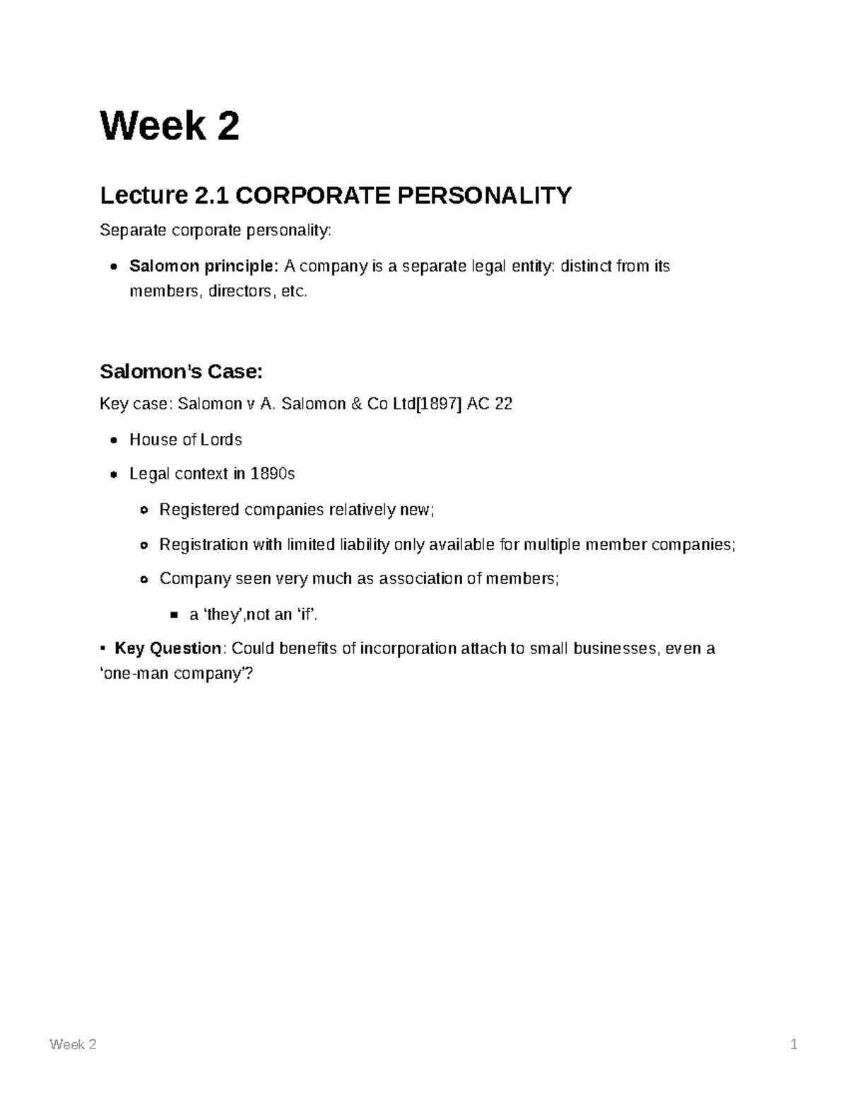 Company law 4 - Week 2 1 Week 2 Lecture 2 CORPORATE PERSONALITY ...