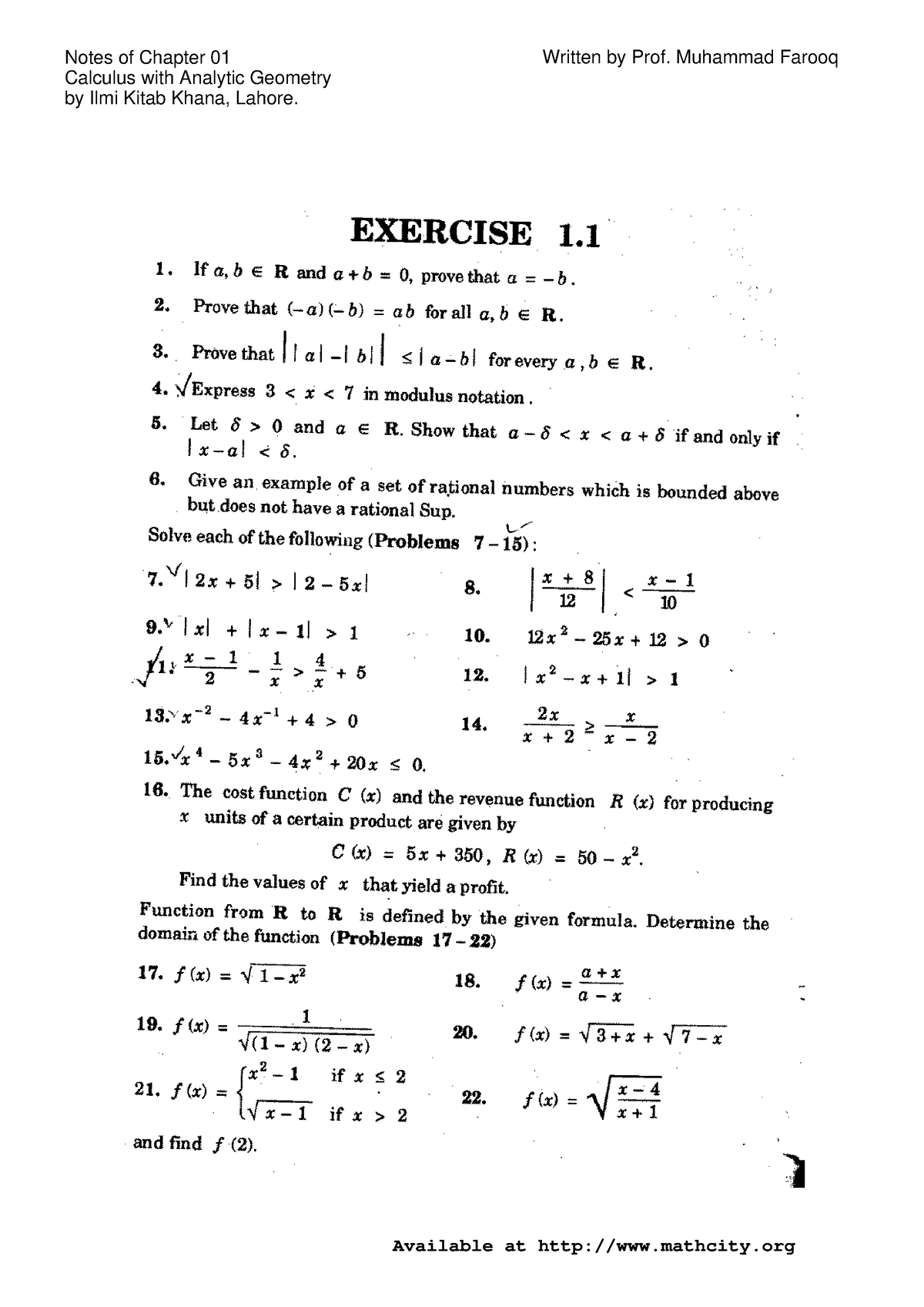 Chap 01 Solutions Ex 1 1 Calculus - EXERCISE 1 Ifa,b E Randa+b = 0 ...