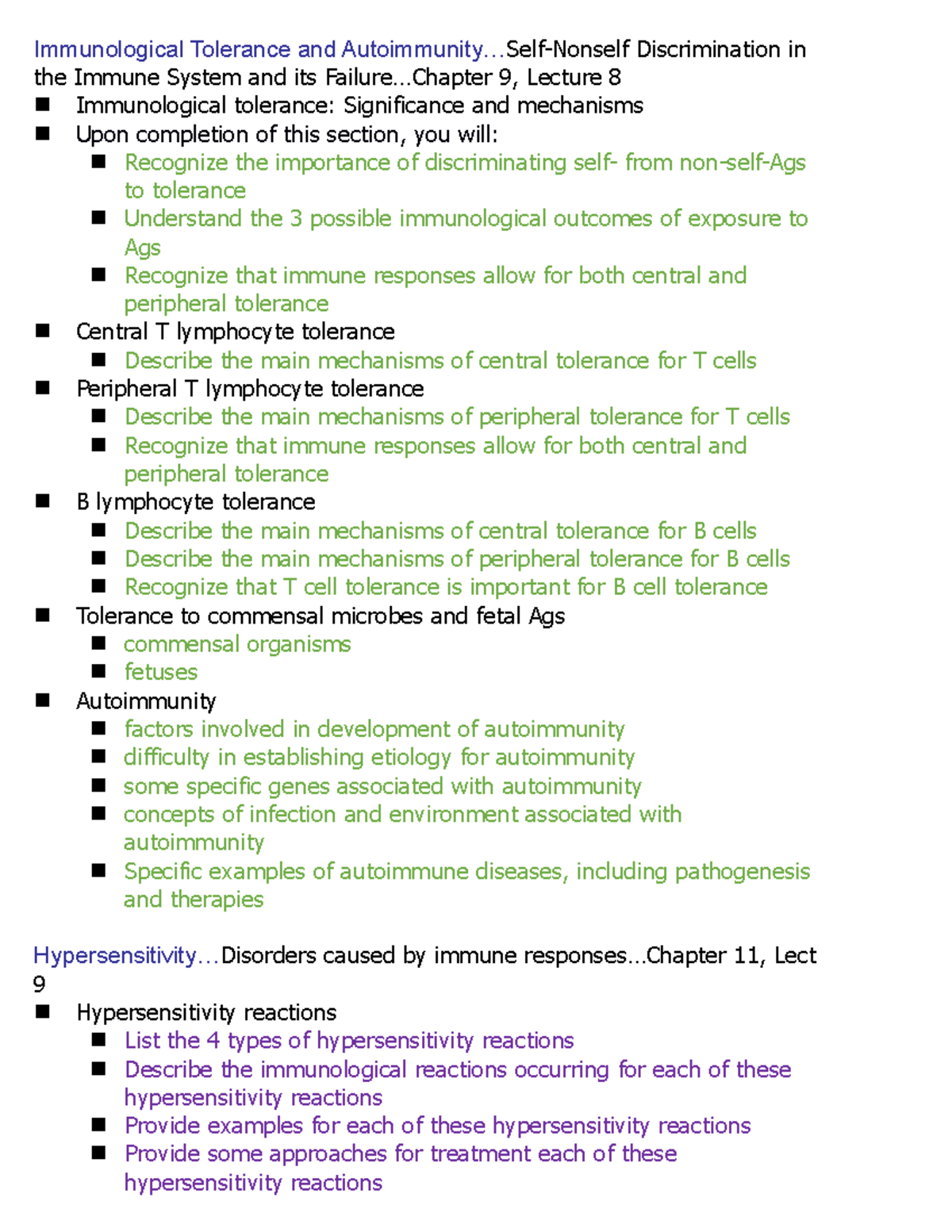 Objectives Lectures 8-10, Chapters 9-11 - Immunological Tolerance And ...