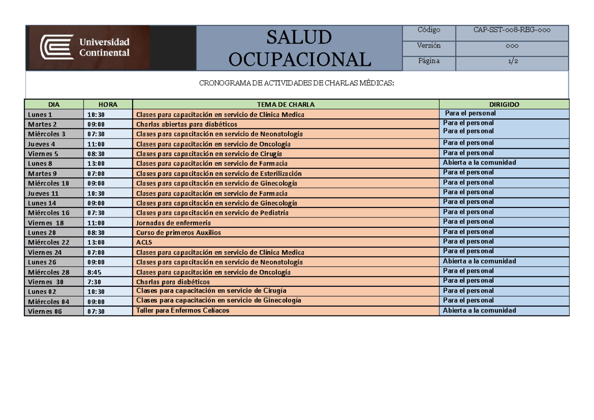 11.4 Cronograma DE Actividades- Charlas Medicas - SALUD OCUPACIONAL