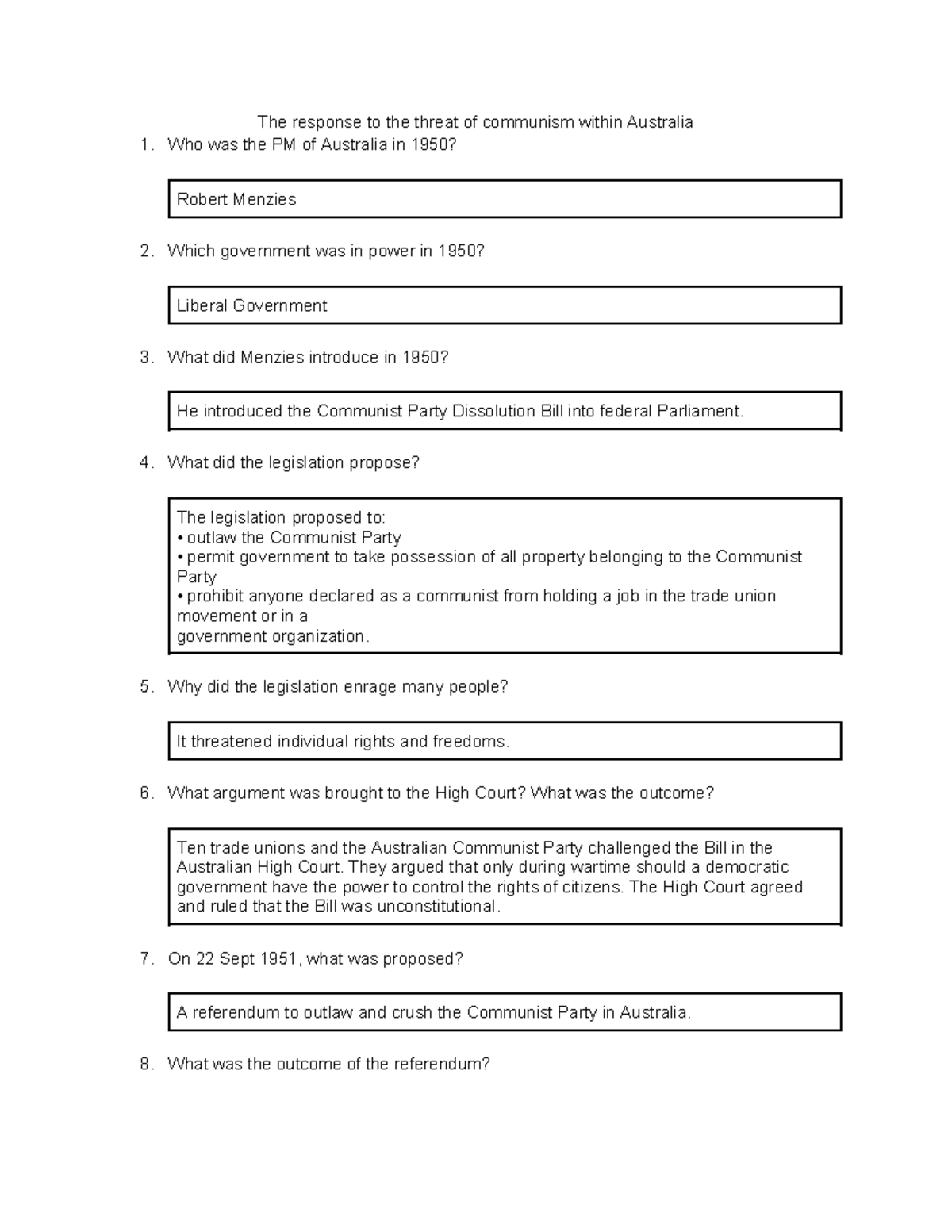 The response to the threat of communism within Australia - What did the ...