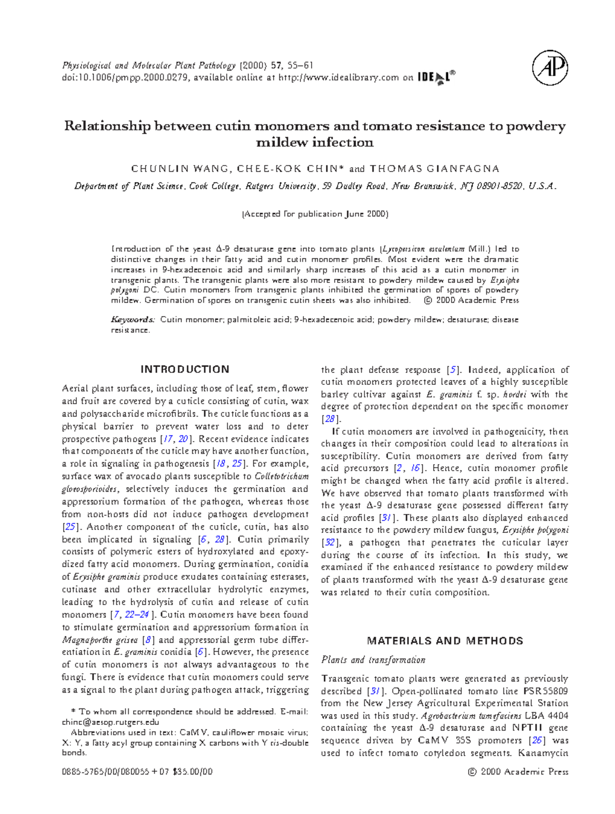 Article 1 - Relationship between cutin monomers and tomato resistance ...