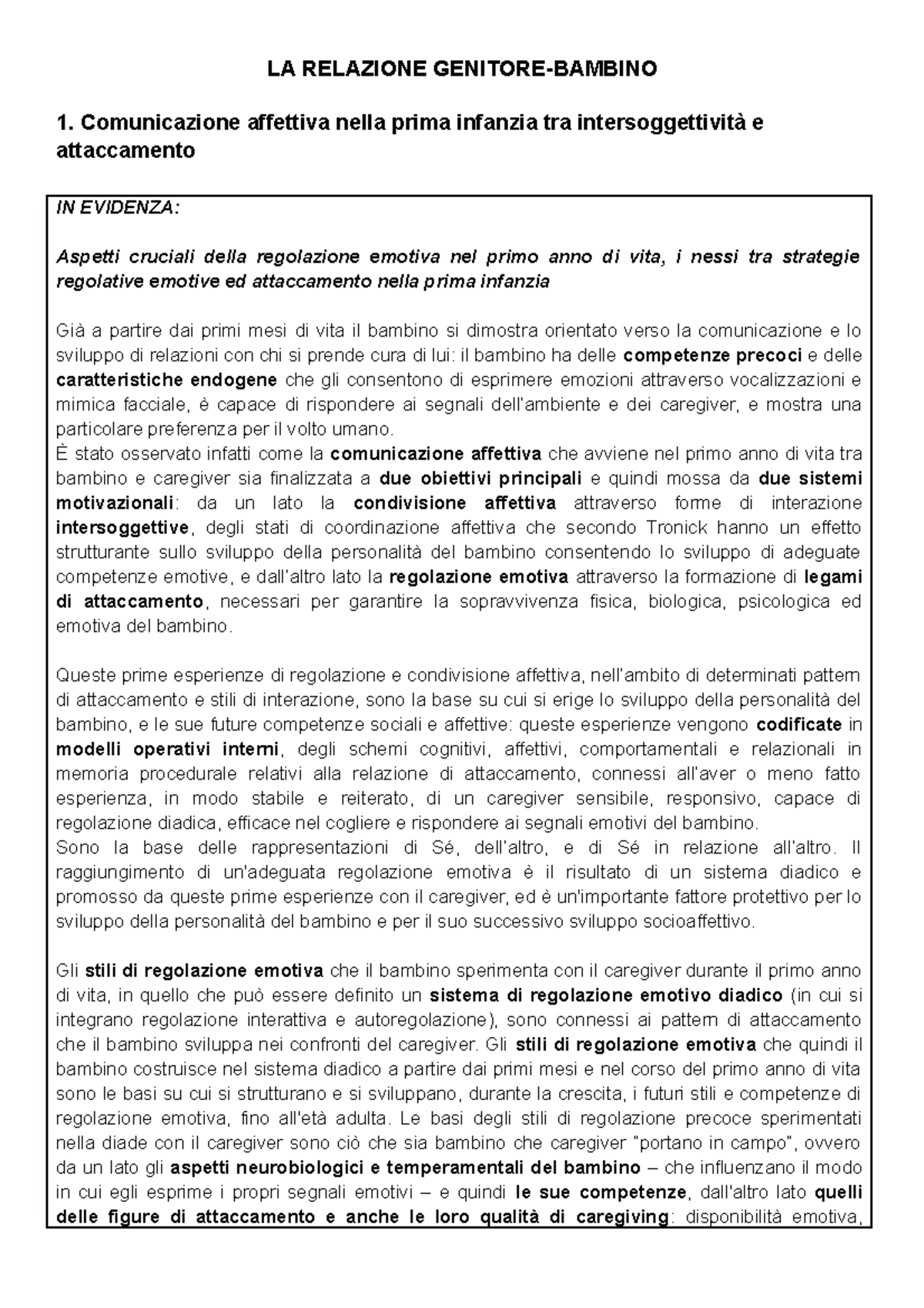 Riassunto "La Relazione Genitore-bambino" CAPITOLI 1, 2, 3, 6, 7 - LA ...