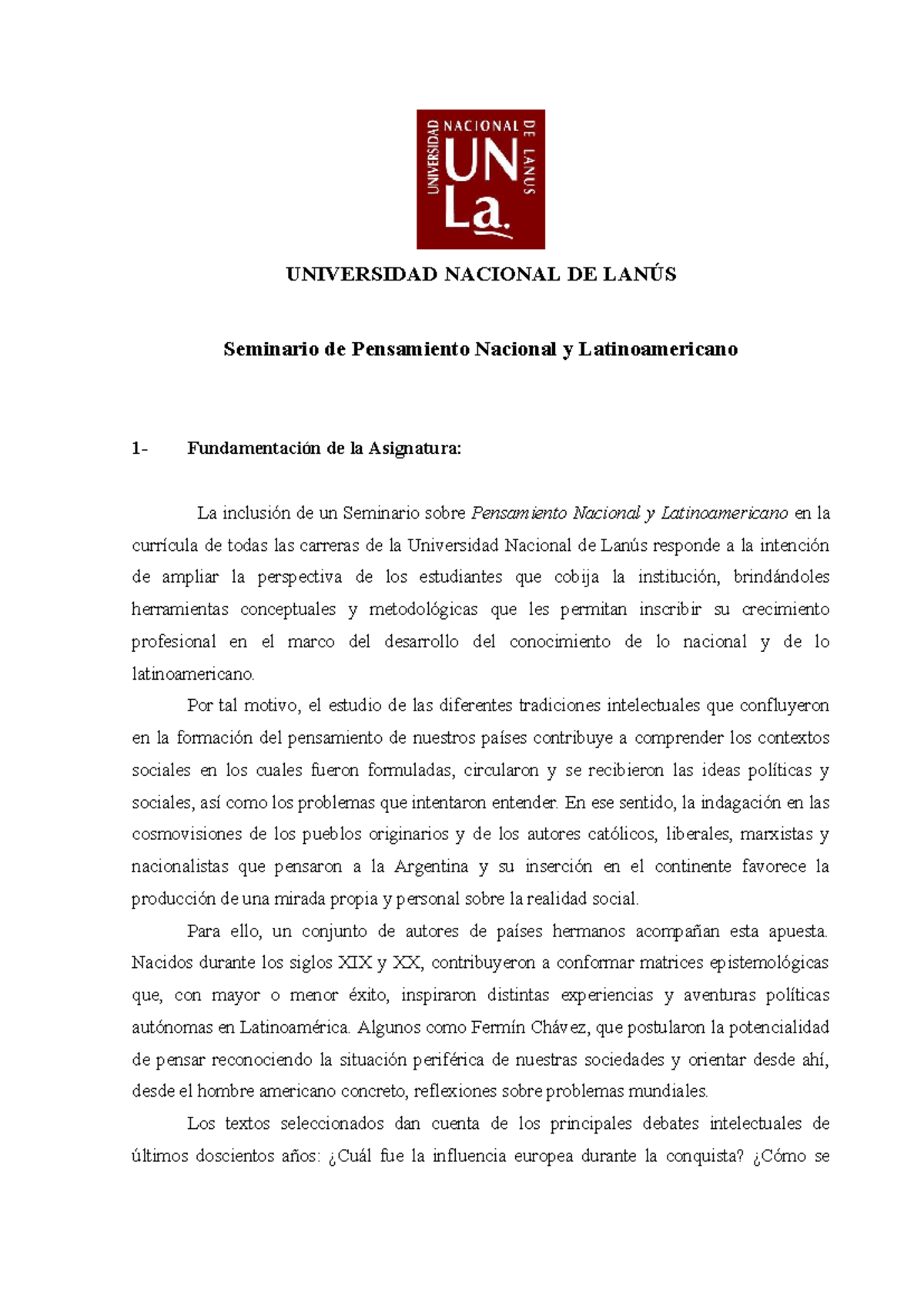 Programa Seminario Pensamiento Nacional y Latinoamericano UNLa 2do ...